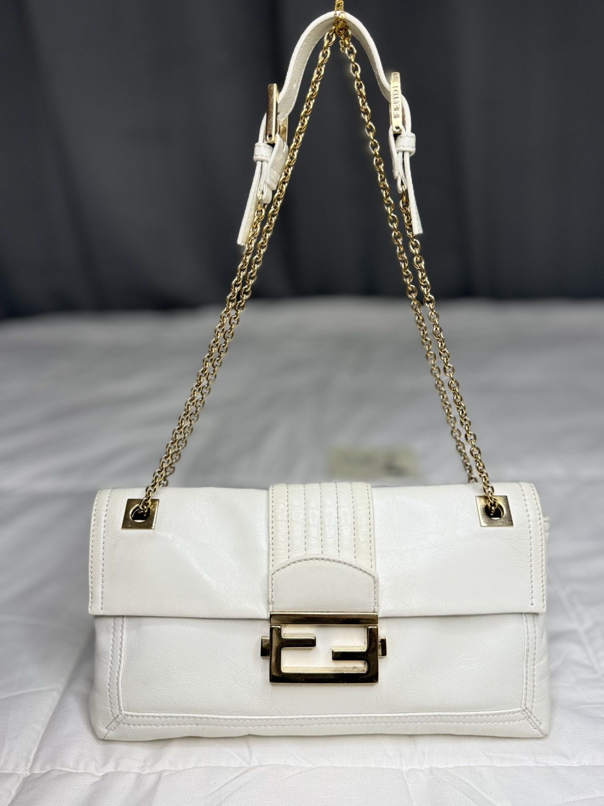 Authentic Fendi White Leather Baguette Chain Flap Sling Bag, Women's