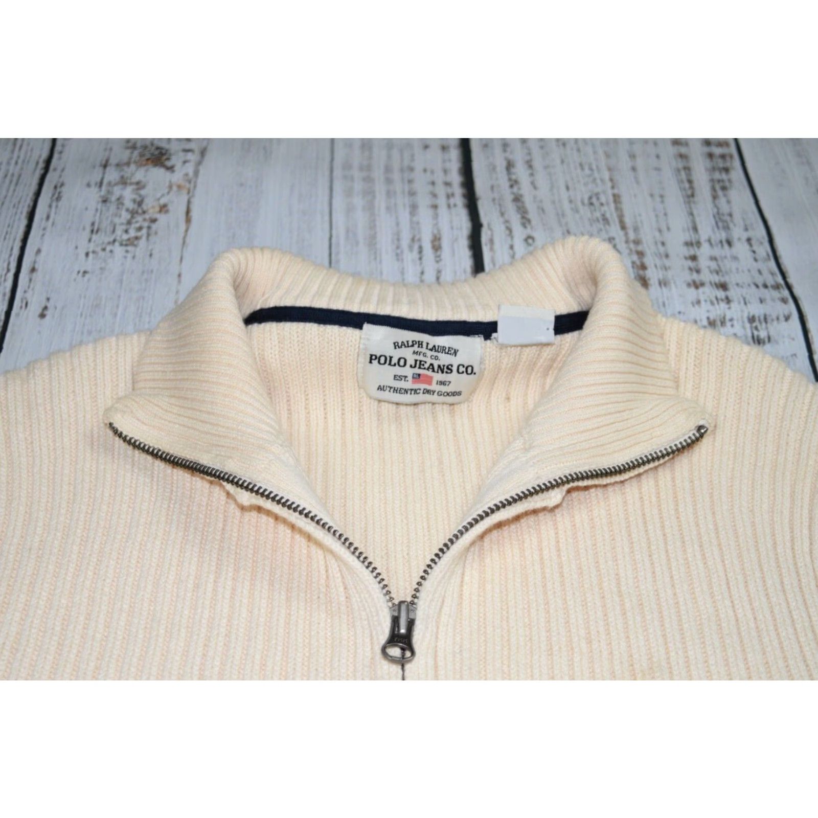VINTAGE Polo Ralph Lauren Polo Jeans Ribbed Zip Up Sweater XL Beige Mock Neck Men’s Knit 100% Cotton Full Zip Jacket Theme Polo