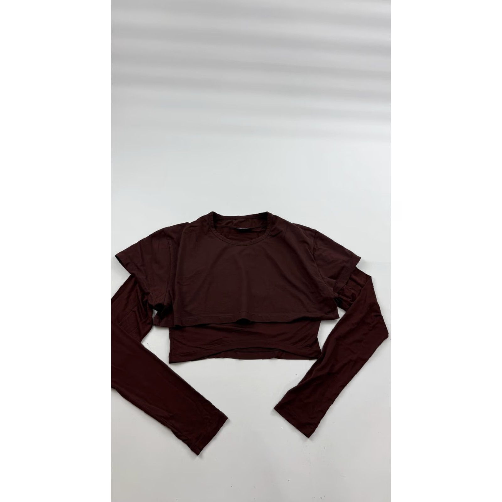 Jacquemus VINTAGE? No — Actually: JACQUEMUS Shirt Womens XXL Brown Layered 2-in-1 Cropped Long Sleeve Top, Designer Cotton/Lyocell Blend, Crew Neck, 2XL Womens Size XXL / US 16-18 / IT 52-54 - 2 Thumbnail