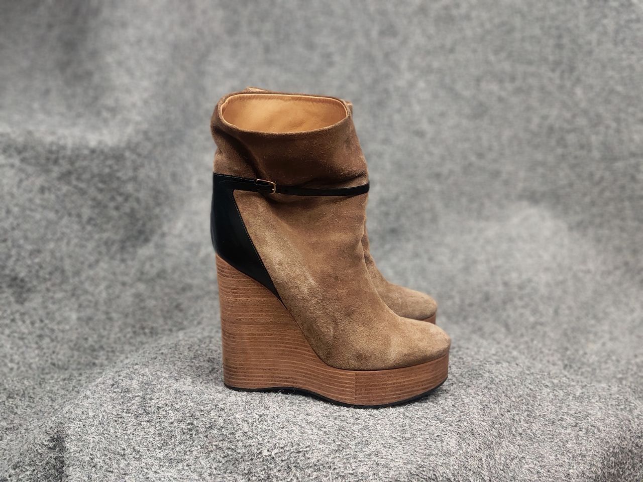 Chloé Marron Suede Beige Wedge Wooden Platform Heel Boots