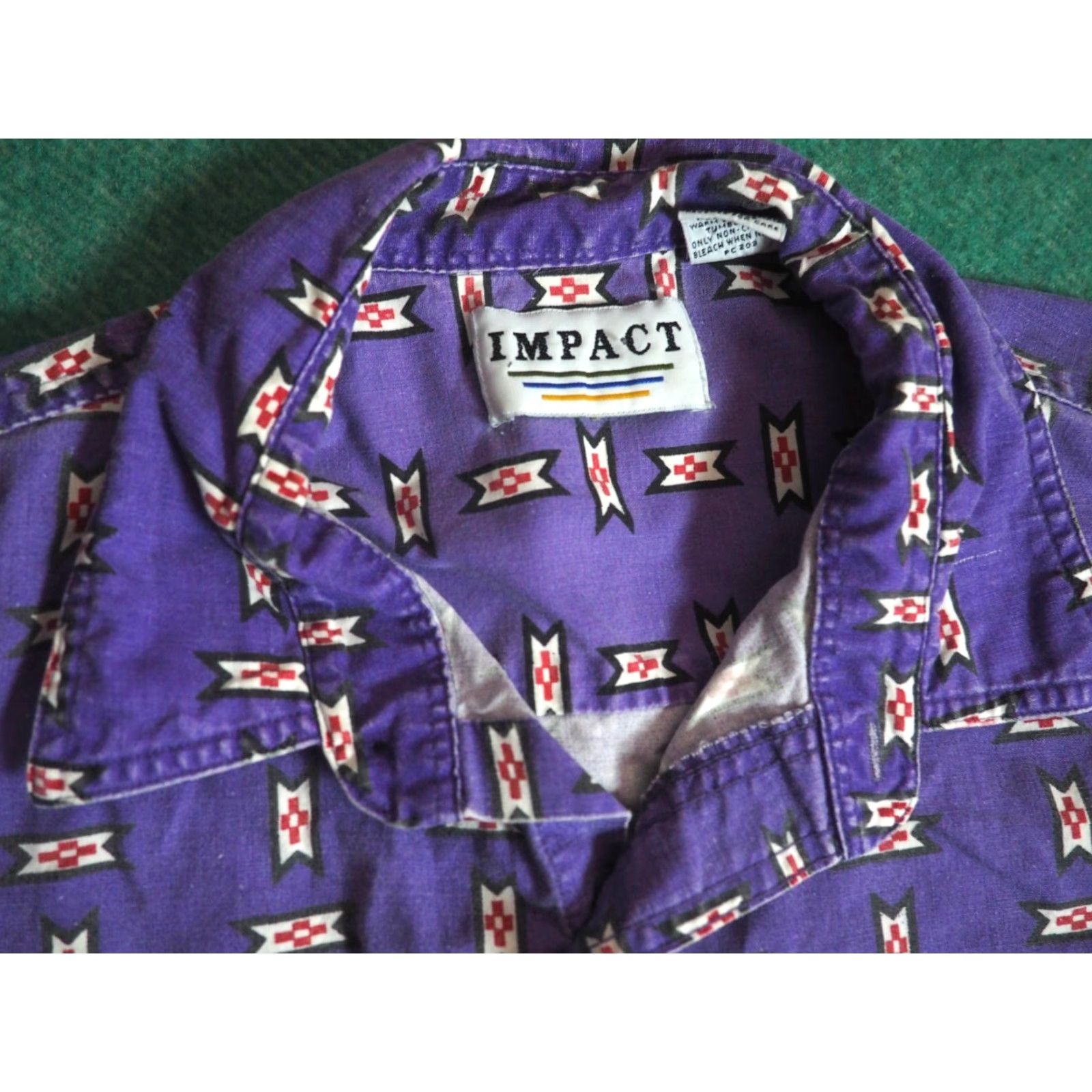 Vintage VINTAGE Impact Western Shirt L Purple 90s Cotton Short Sleeve Geometric Cockpit Pocket Mens Size US L / EU 52-54 / 3 - 4 Thumbnail