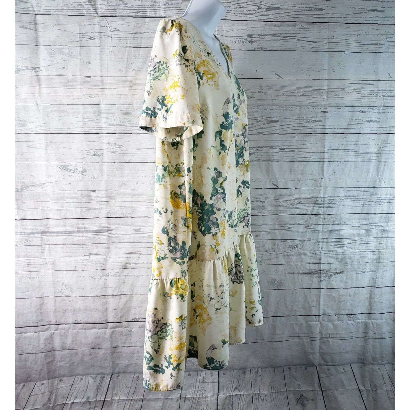 Vintage A New Day Womens Dress Sz Small Yellow Green Floral V-Neck Drop Waist Size S / US 4 / IT 40 - 3 Thumbnail