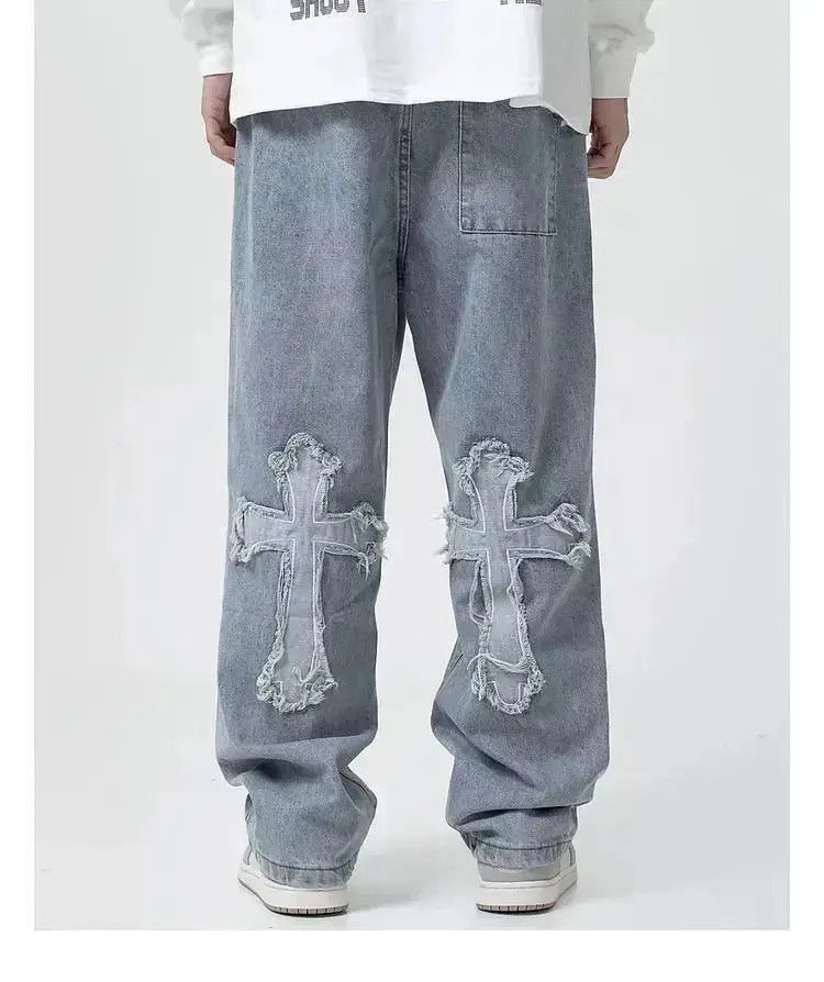 Japanese Brand Jeans with cross edges hip-hop baggy korean style y2k punk Size US 32 / EU 48 - 2 Thumbnail