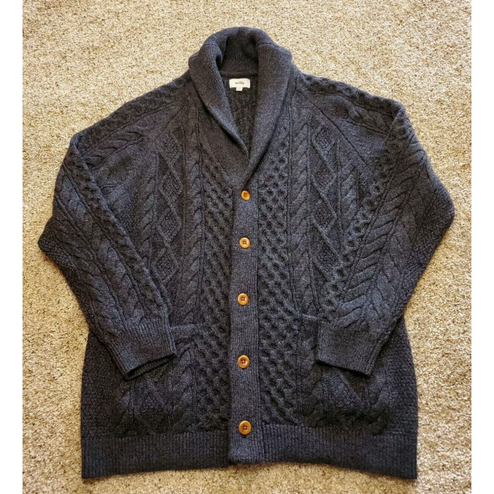 Image of Vintage Huckberry Wills Aran Sweater 2Xl Mens Blue Wool Cable Knit Cardigan Button Up in White