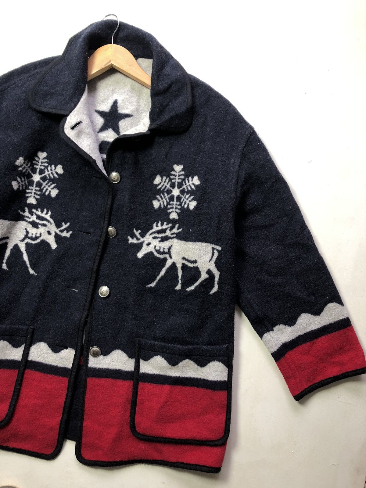 Vintage Women’s Wool Blend Jacket – Nordic Reindeer Design UK 12 Size L / US 10 / IT 46 - 2 Thumbnail