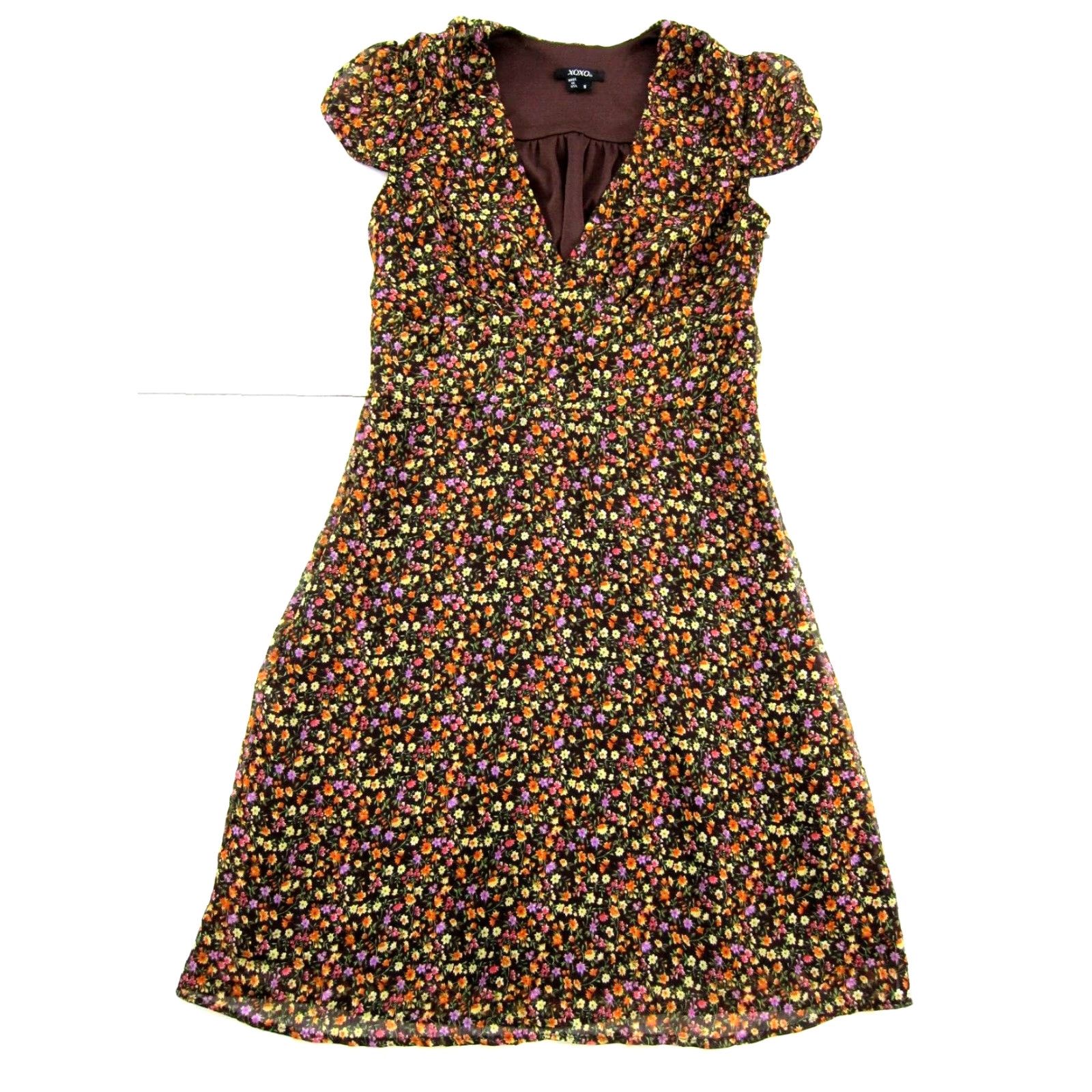 XOXO VINTAGE XOXO Dress Brown Yellow Purple Green Floral V-Neck Short Sleeve Sun Maxi Dress Small Size 28" / US 6 / IT 42 - 2 Thumbnail