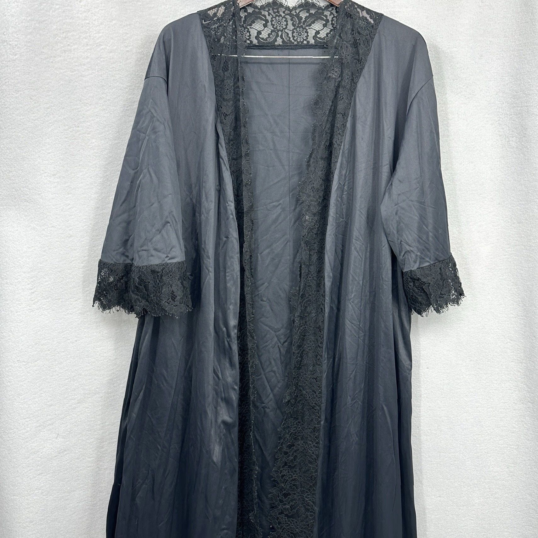 Vintage VINTAGE Lucie Ann Robe Womens M Black Nylon Lace 60s Coquette Kimono Sissy Pinup Retro Lightweight Unisex? Size ONE SIZE - 2 Thumbnail