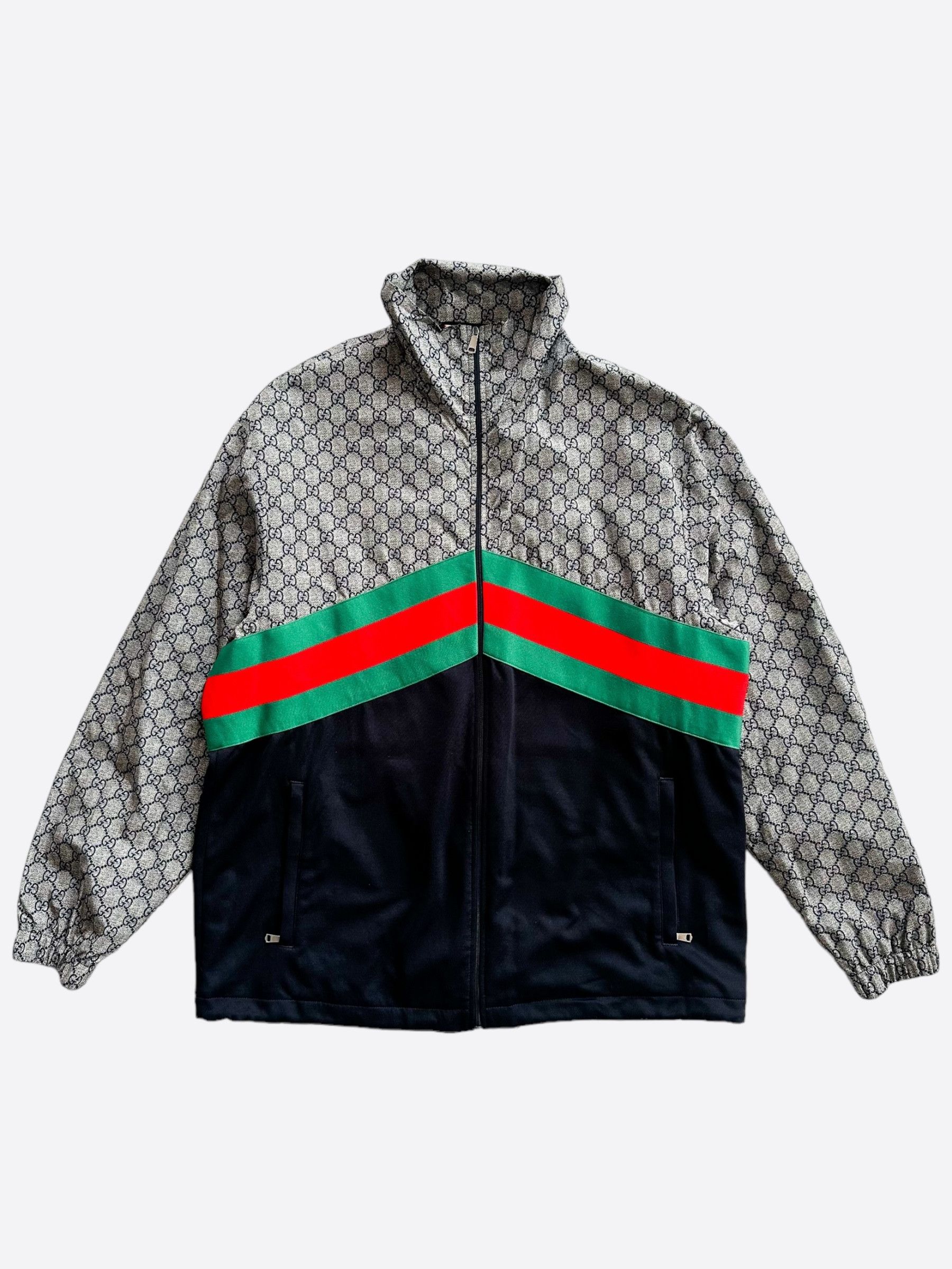 image of Gucci Beige GG Monogram Striped Windbreaker, Men's (Size XL)