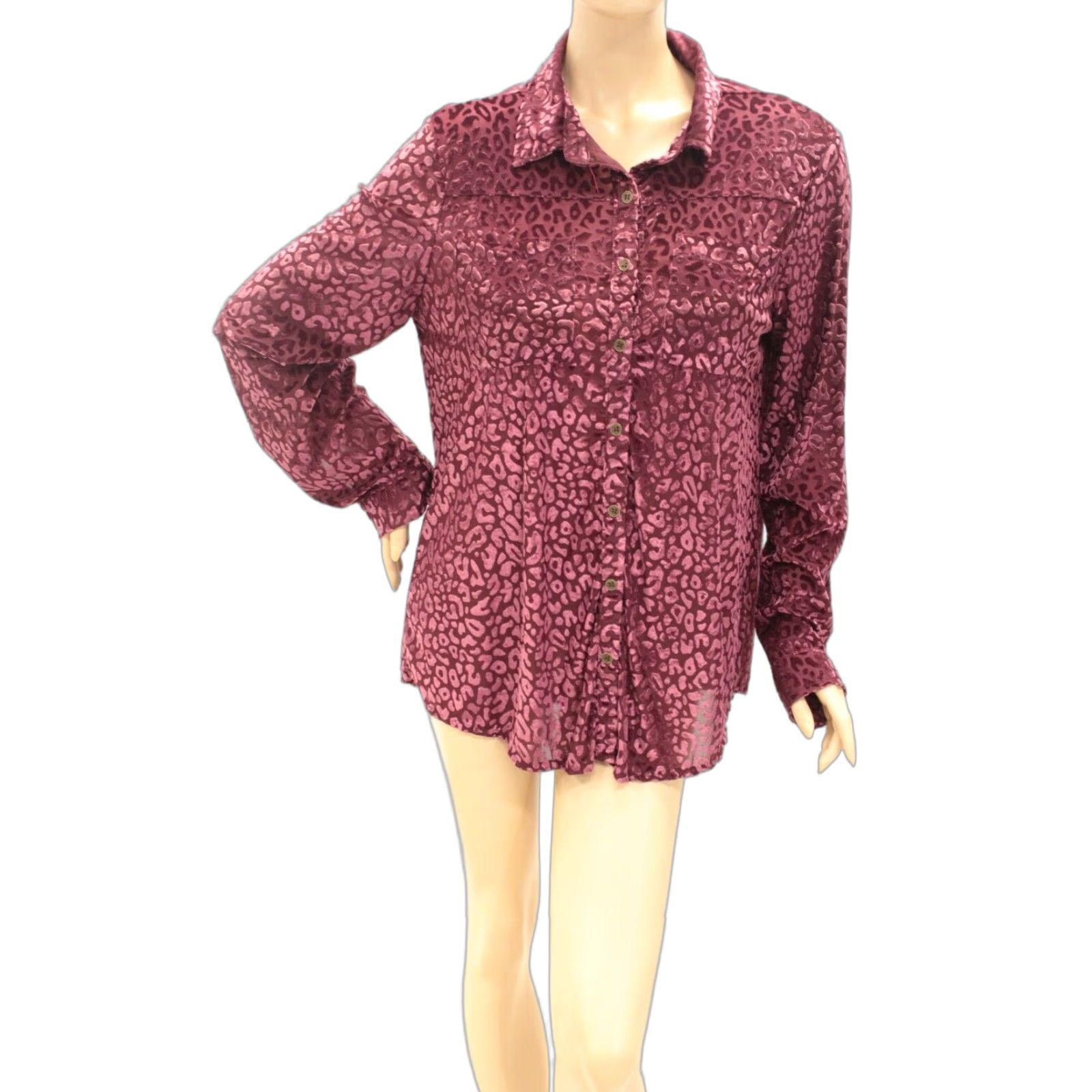 Velvet Umgee Velvet Burnout Top Leopard Print 2XL Button Up Long Sleeve Wine Mob Wife Size XXL / US 16-18 / IT 52-54 - 1 Thumbnail