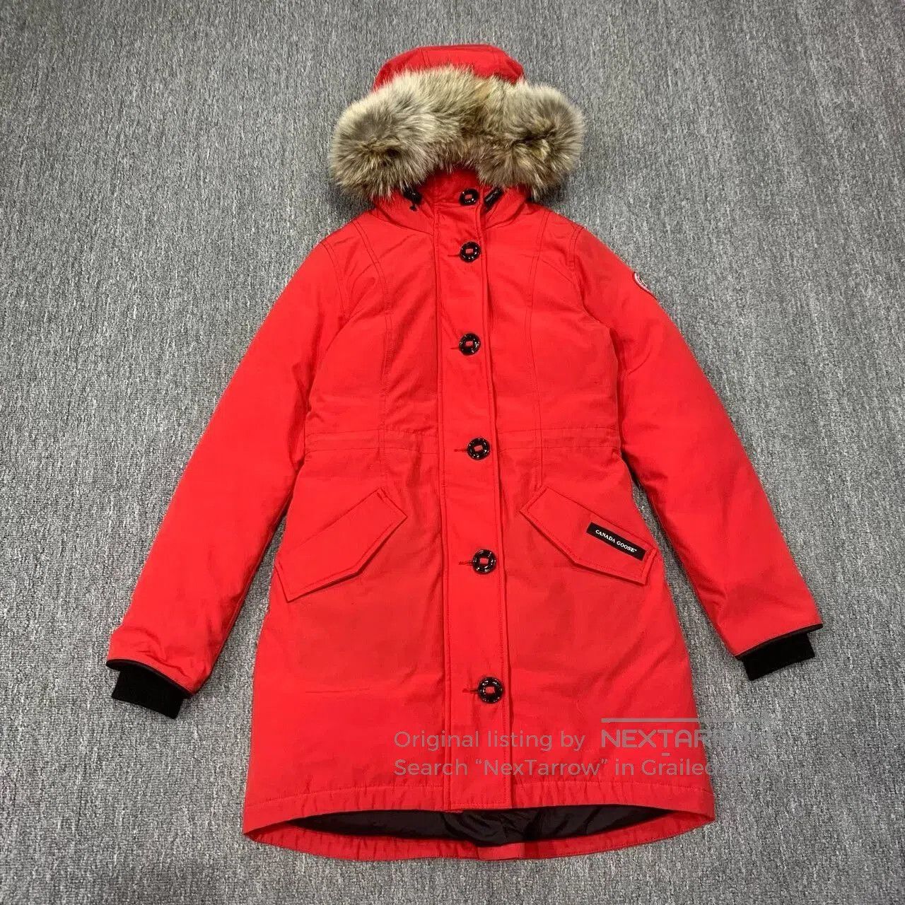 red long parka jacket by Canada Goose.