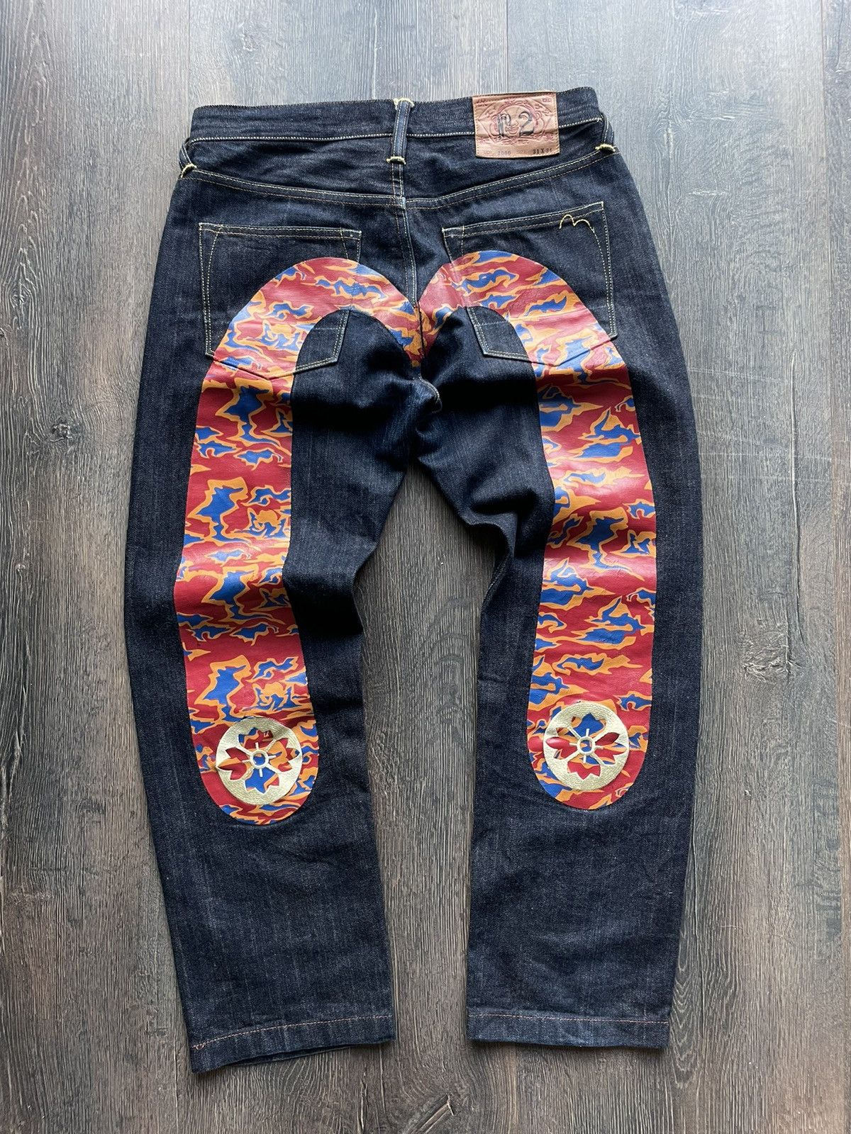 Image of Evisu Raw Denim Red Daicock Baggy Y2K Jeans, Men's (Size 31)