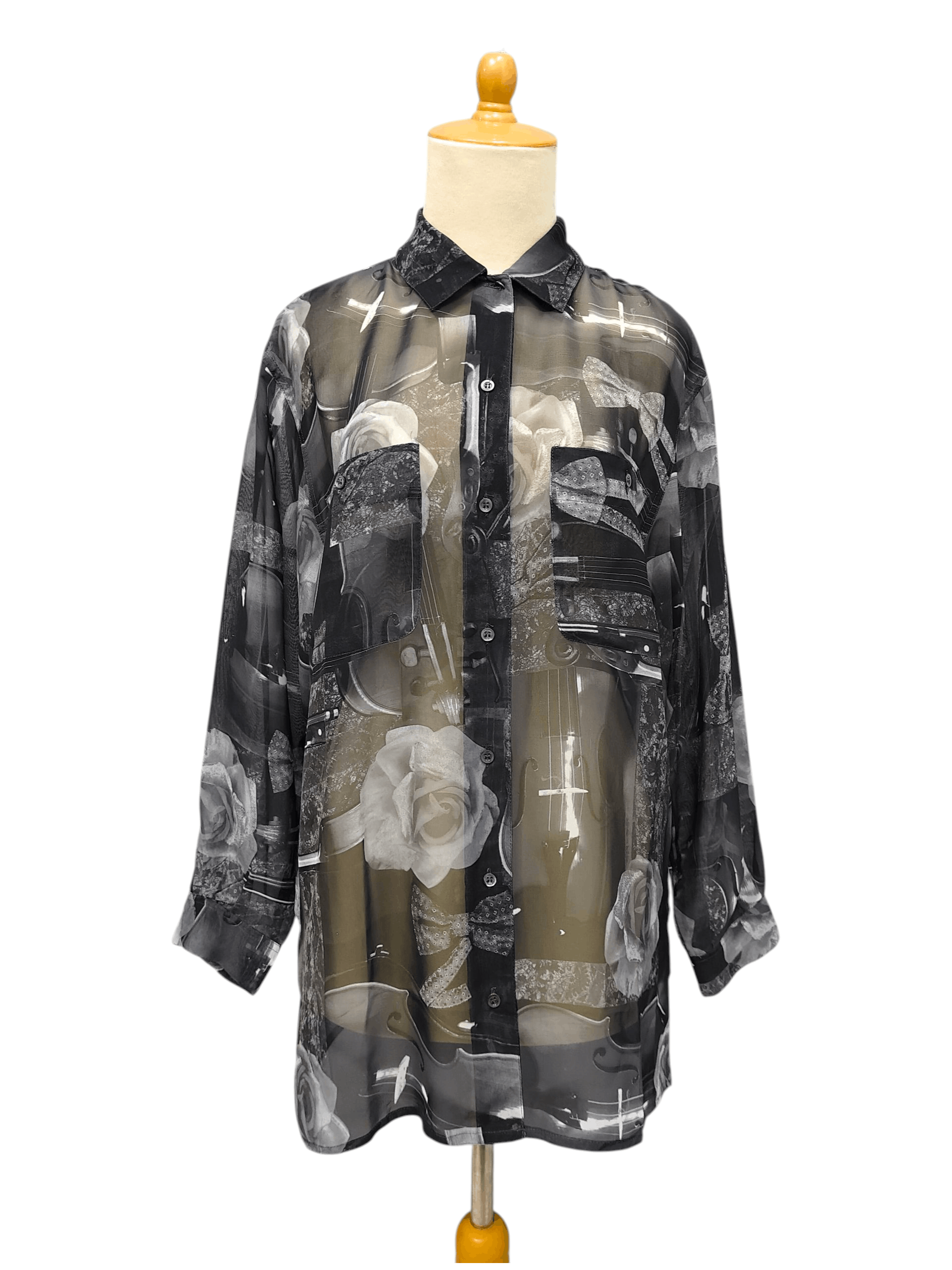 Max Mara DOPE 🇮🇹 Penny Black Roses Musical Art Sheer Blouses Size L / US 10 / IT 46 - 2 Thumbnail