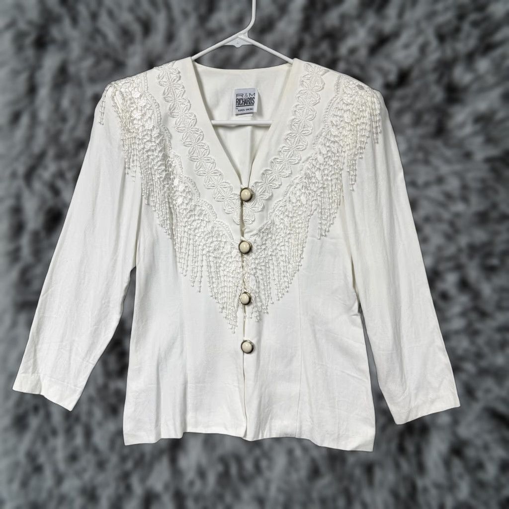Vintage VINTAGE R&M Richards Blouse Womens 6P Petite White Fringe Embroidered Party/Shirt Size M / US 6-8 / IT 42-44 - 1 Thumbnail