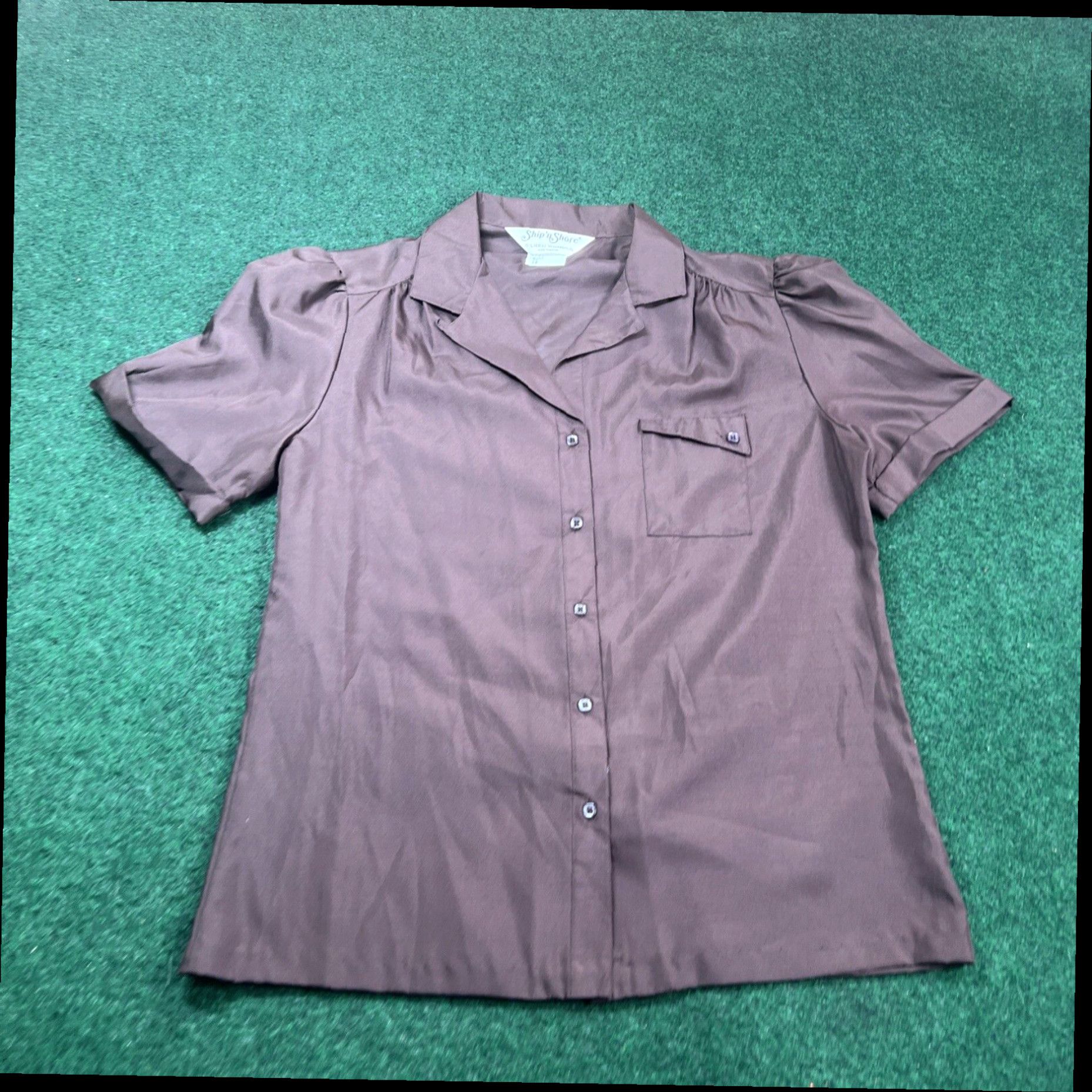 Vintage Vtg SHIP N SHORE Brown polyester Short sleeve blouse shirt top Sz 12 Size XL / US 12-14 / IT 48-50 - 1 Thumbnail