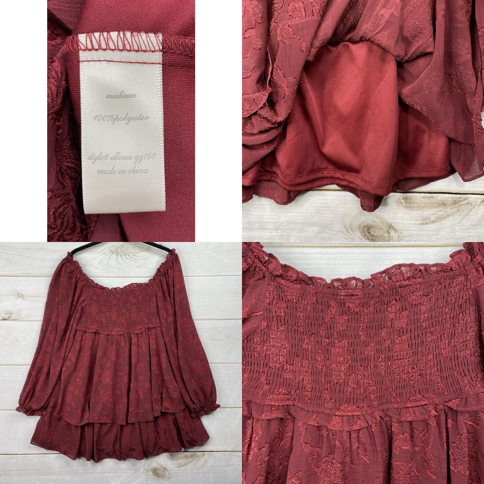 Vintage Altar'd State Blouse Shirt Womens M Burgundy Off Shoulder Long Sleeve Tunic Bohemian Prairie Cottagecore Size M / US 6-8 / IT 42-44 - 8 Thumbnail