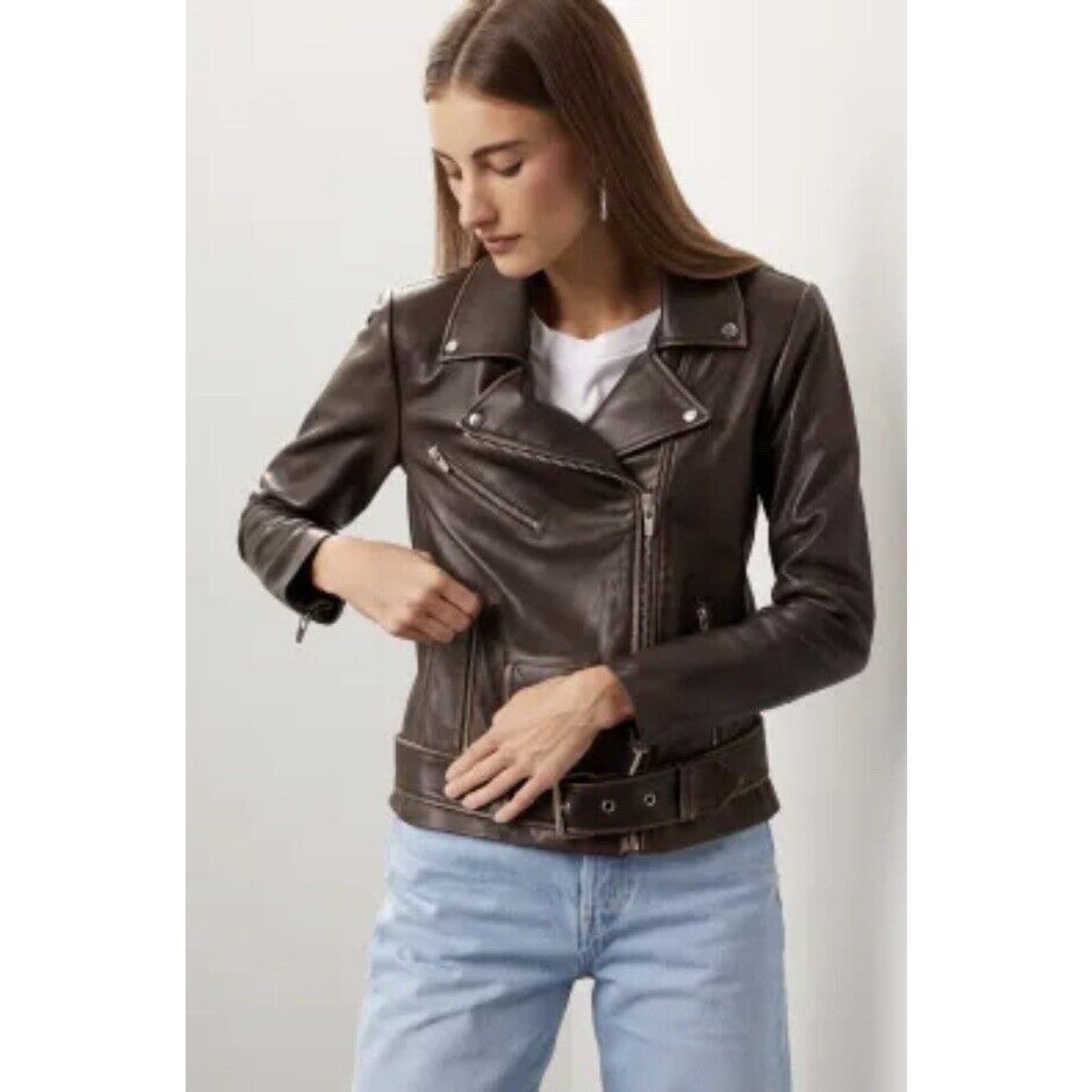 image of Veda Classic Leather Moto Jacket Brown Distressed Xl, Women's