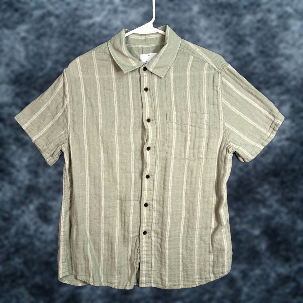 Katin Shirt Mens Medium Green Stripe Button-Up Linen Cotton Blend Short Sleeve Collared Pockets Casual Vintage No N/A 8/10 Mens