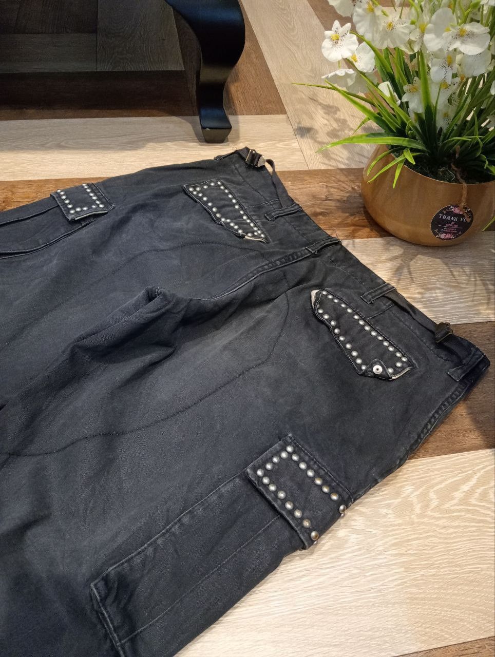 Japanese Brand POWER TO THE PEOPLE JAPAN FADED BLACK STUDDED CARGO PANTS Size US 36 / EU 52 - 10 Thumbnail
