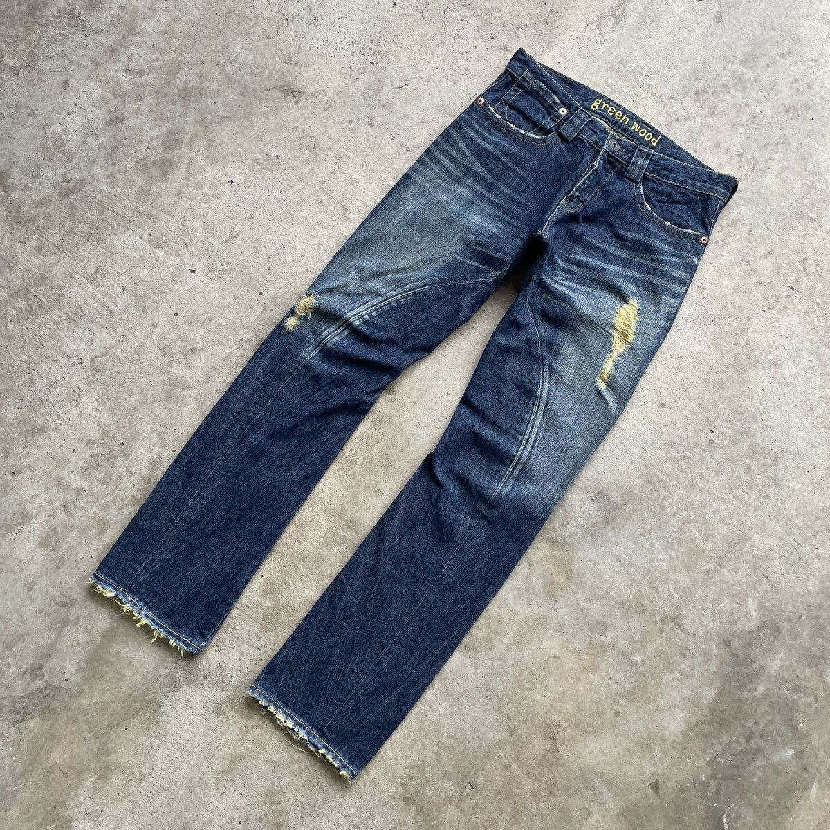 Japanese Brand × Jean Vintage Green Wood Japan Distressed Faded Jeans Denim Pants Size US 31 - 3 Thumbnail