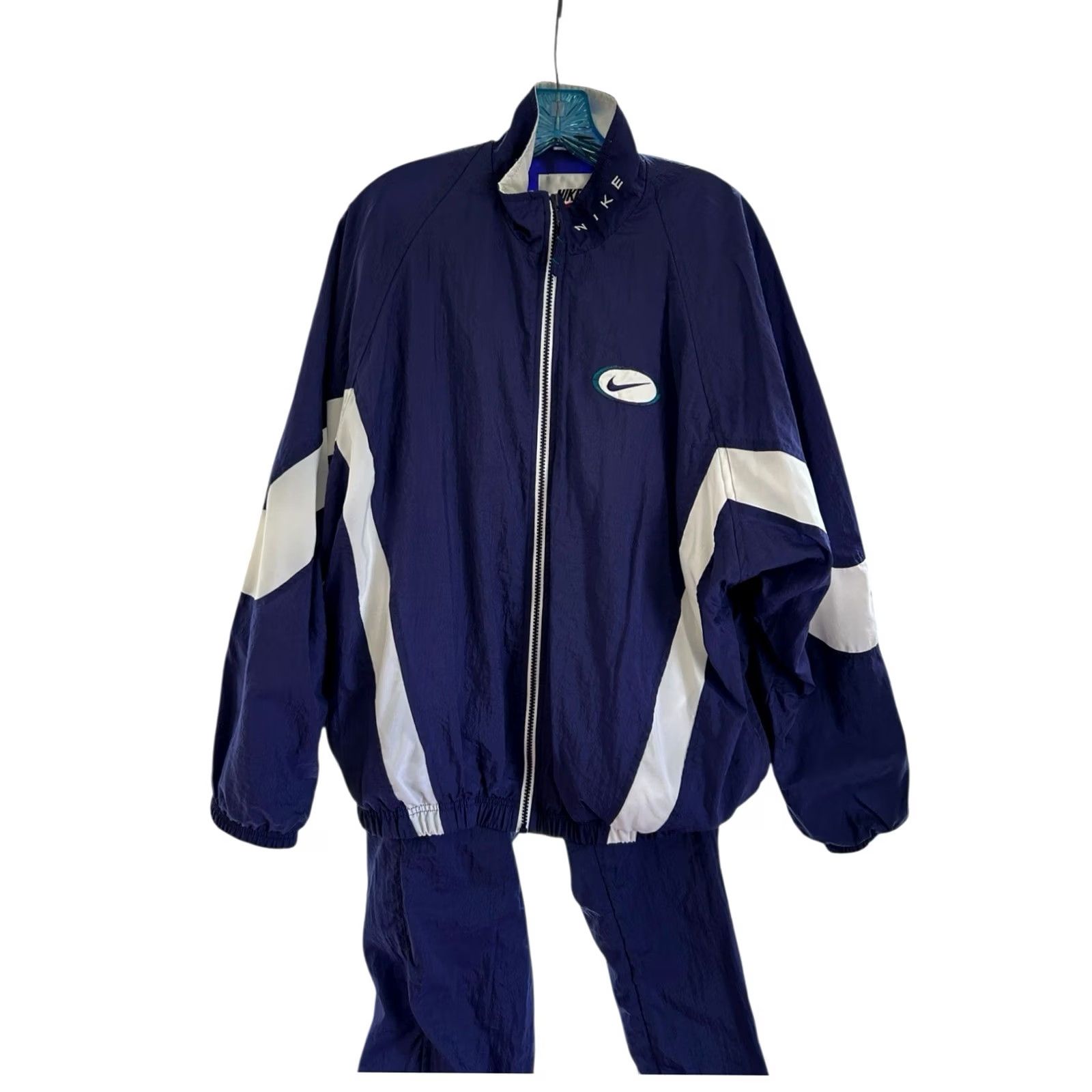 Nike VINTAGE Nike Nylon Track Suit Set Shirt Men L Blue Teal White 1990s Size 42R - 3 Thumbnail