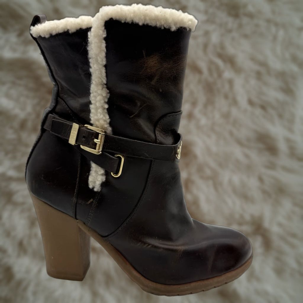 Michael Kors Michael Kors Leather High Heel Women 8.5 M Brown Booties Buckle Sherpa Zip Side Boots Womens 8.5 Brown Leather Heels Size US 9 / IT 39 - 1 Thumbnail