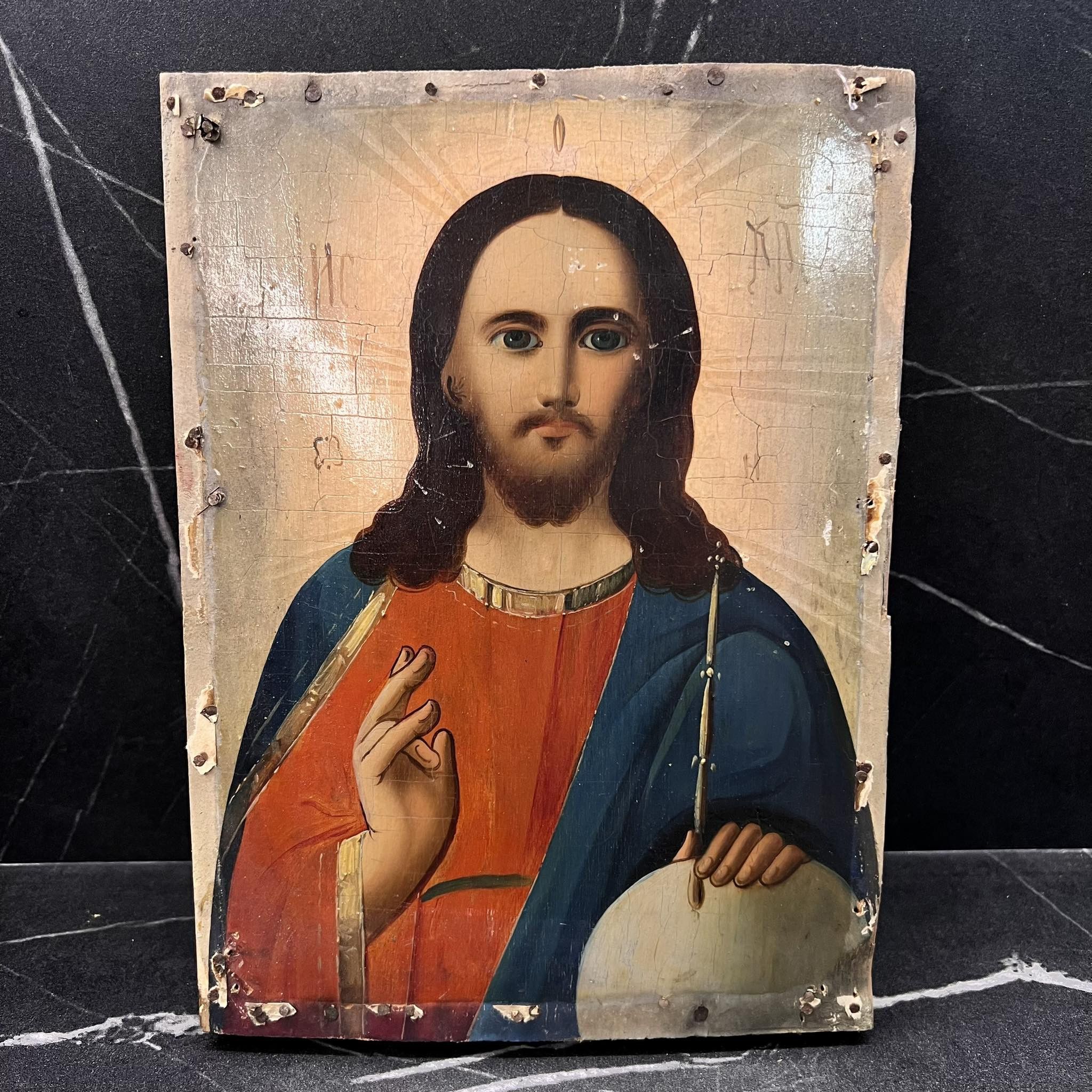 Vintage old Hand Oil Painting on Wood Christian Icon Jesus