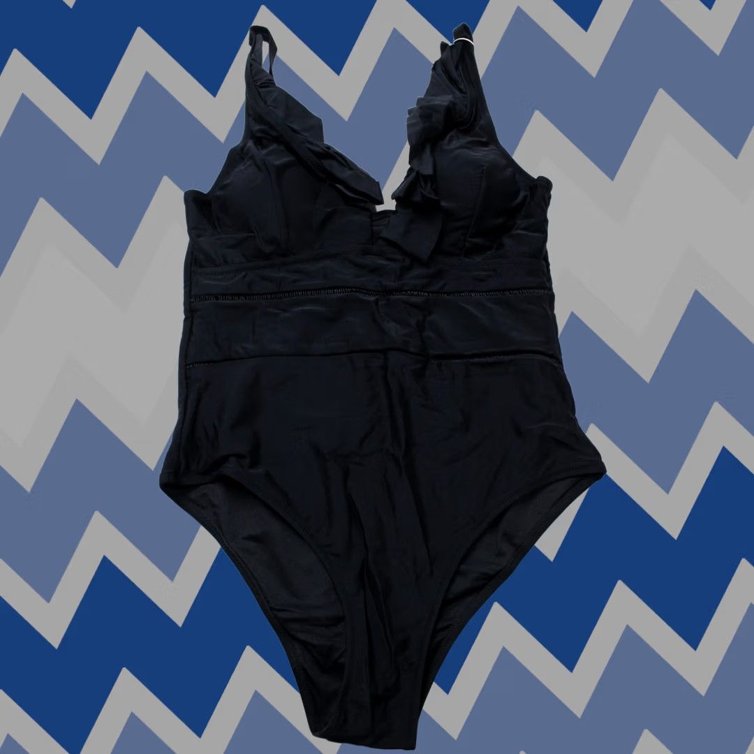 Vintage Beachsissi One Piece Swimsuit Women's Black Medium Solid Ruffled ZS6 NWT Size ONE SIZE - 1 Thumbnail