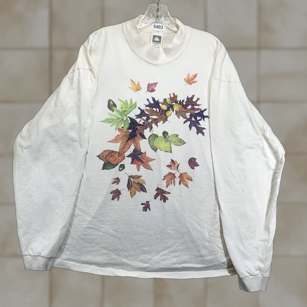 Vintage VINTAGE Cotton Deluxe Unisex Long Sleeve T-Shirt XL Ivory Autumn Leaves Acorn Graphic Print 80s 90s Nature Heavyweight Size US XL / EU 56 / 4 - 1 Thumbnail