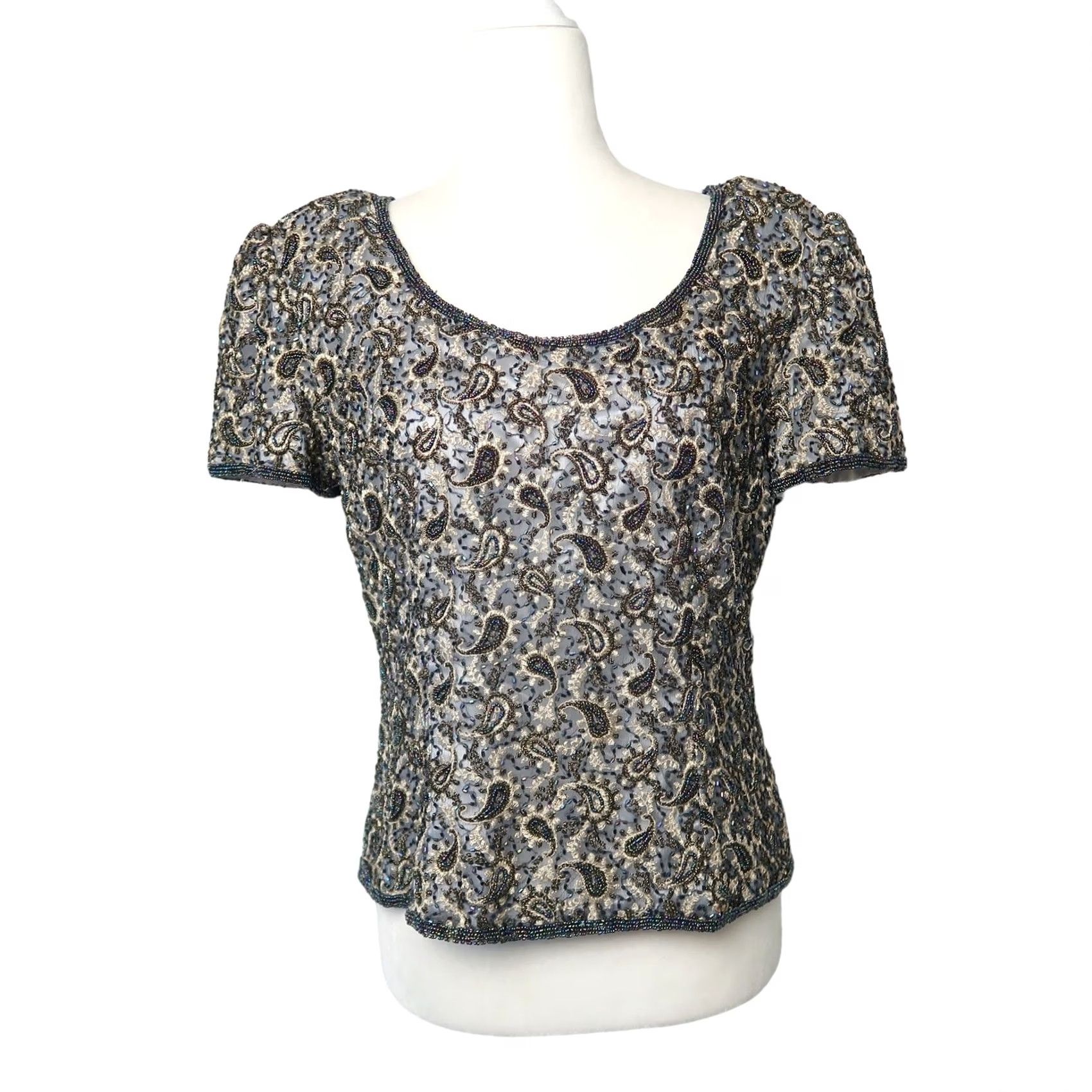 Adrianna Papell VINTAGE Adrianna Papell Shirt Petites 12P Silk Gray Blue Paisley Beaded Top Womens Size XL / US 12-14 / IT 48-50 - 2 Thumbnail