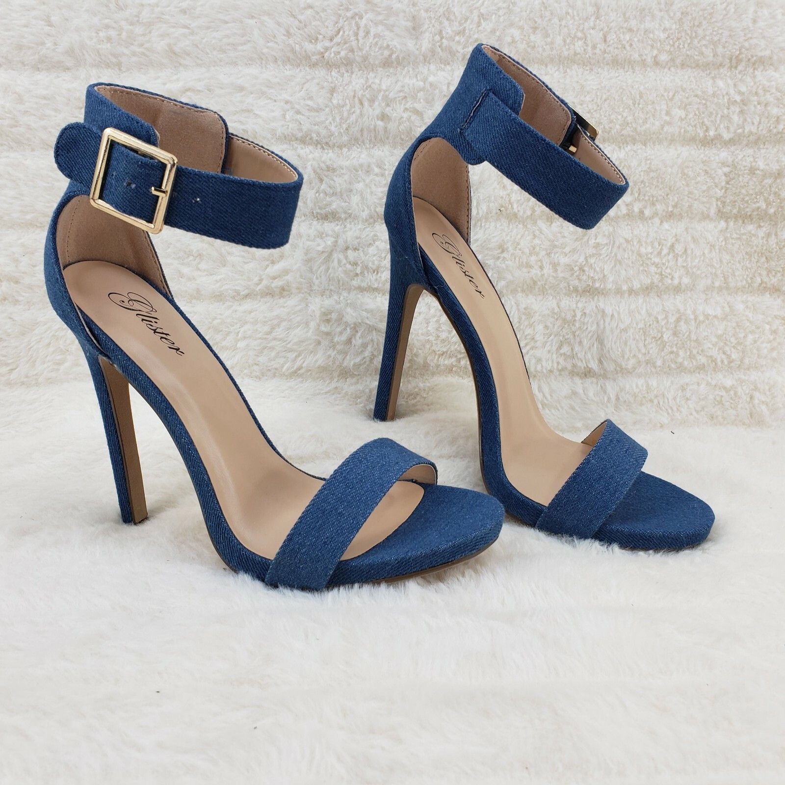 Other Sexy Medium Blue Denim Ankle Strap 4.5" High Heel Shoes Heel Size US 7.5 / IT 37.5 - 2 Thumbnail