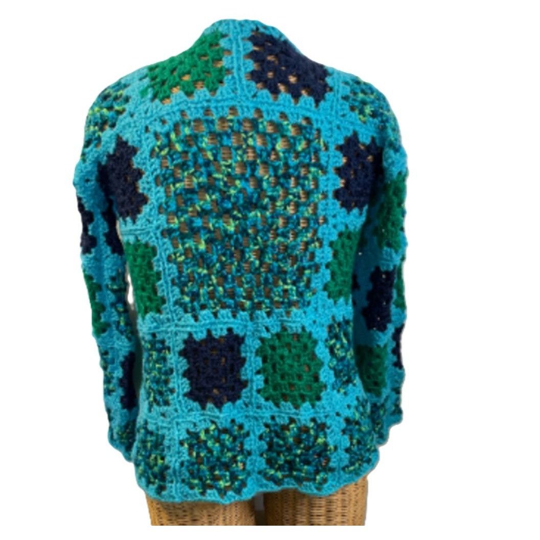 Handmade Crochet Cardigan Sweater Granny Square Turquoise Blue Green Size ONE SIZE - 2 Thumbnail