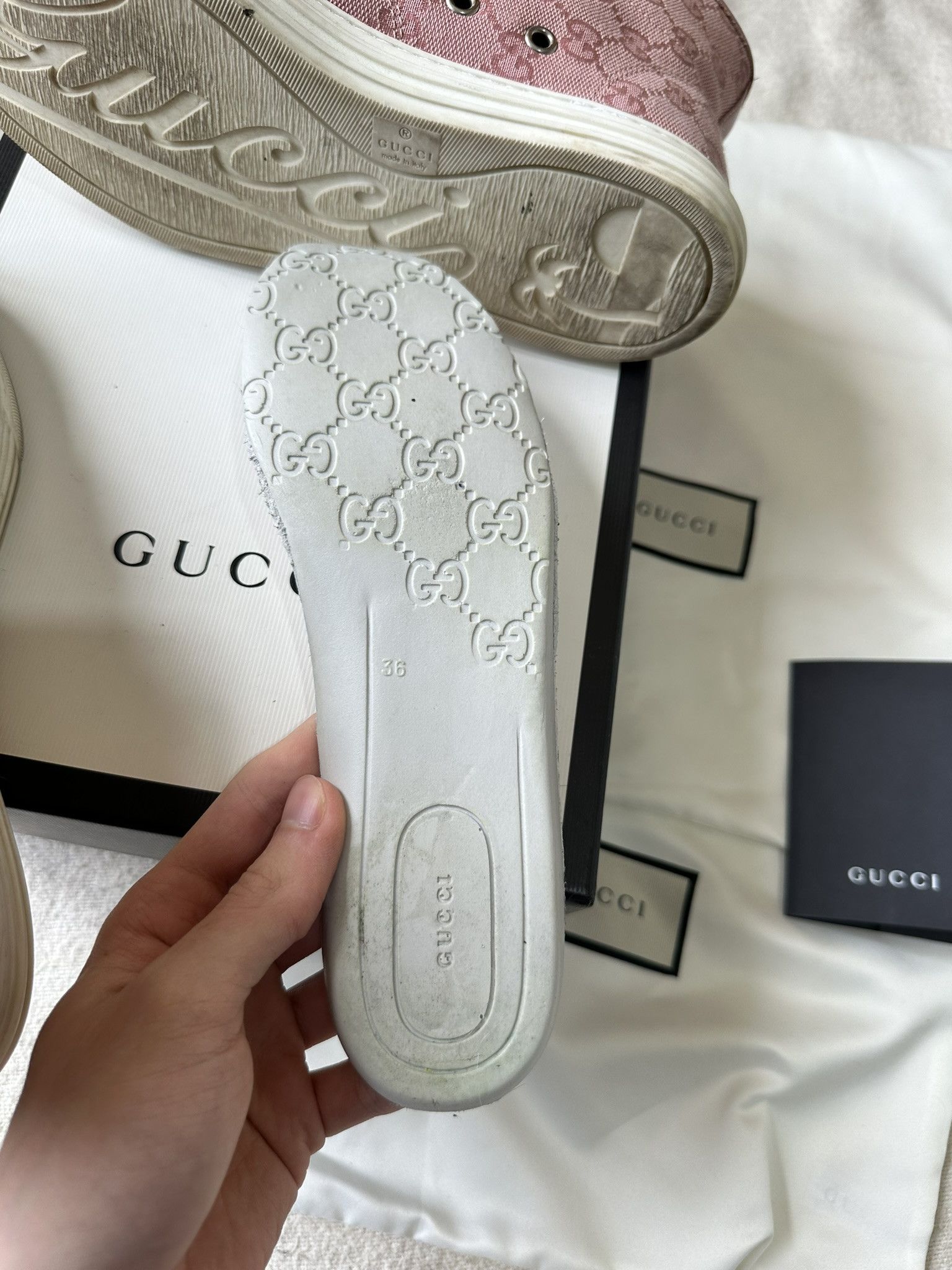 Gucci Gucci High-top Sneakers Pink Canvas and Leather Monogram Size US 6 / IT 36 - 11 Thumbnail