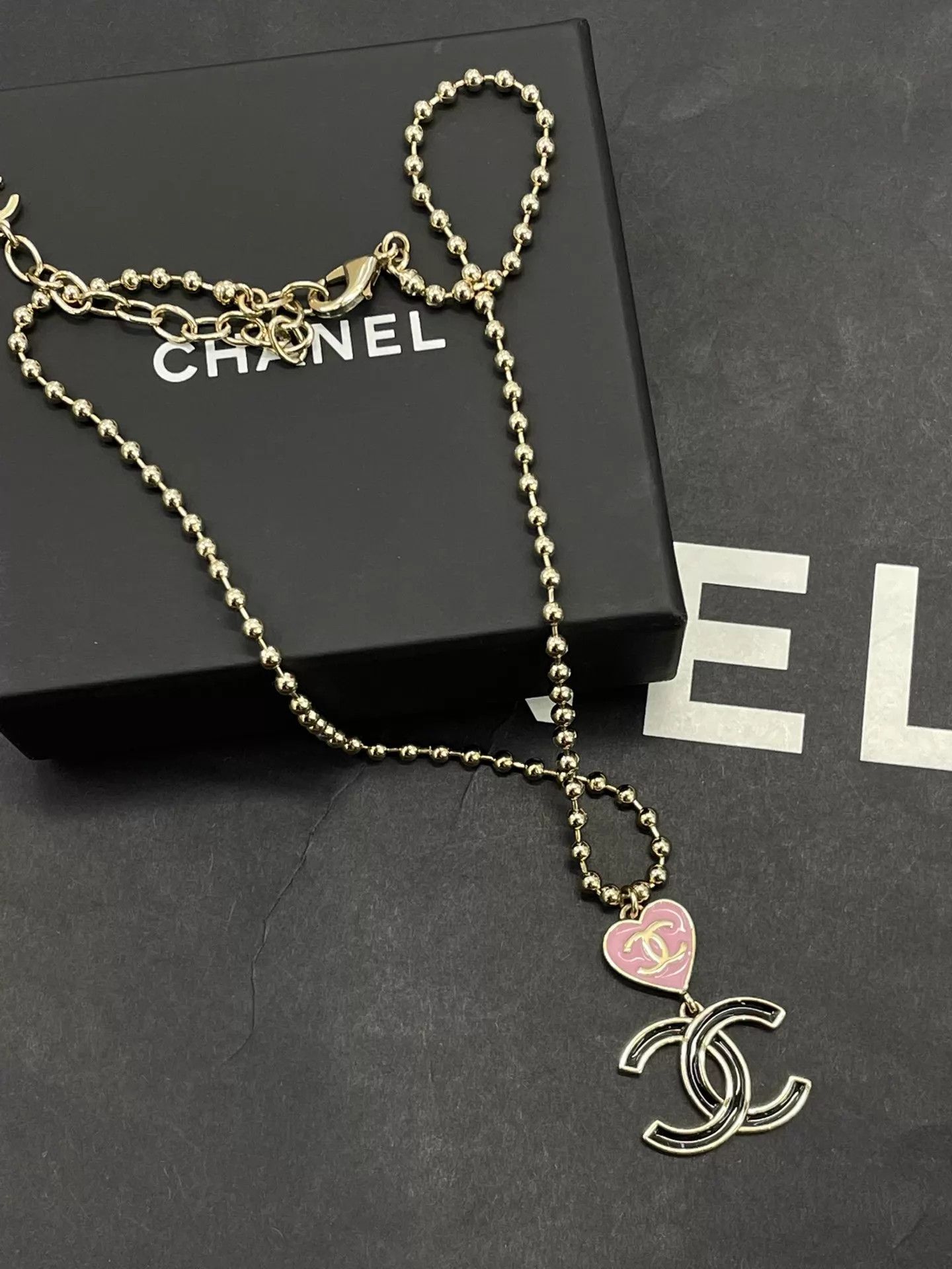 Chanel Chanel 24A Pink Heart Black CC Enamel Necklace Size ONE SIZE - 1 Thumbnail