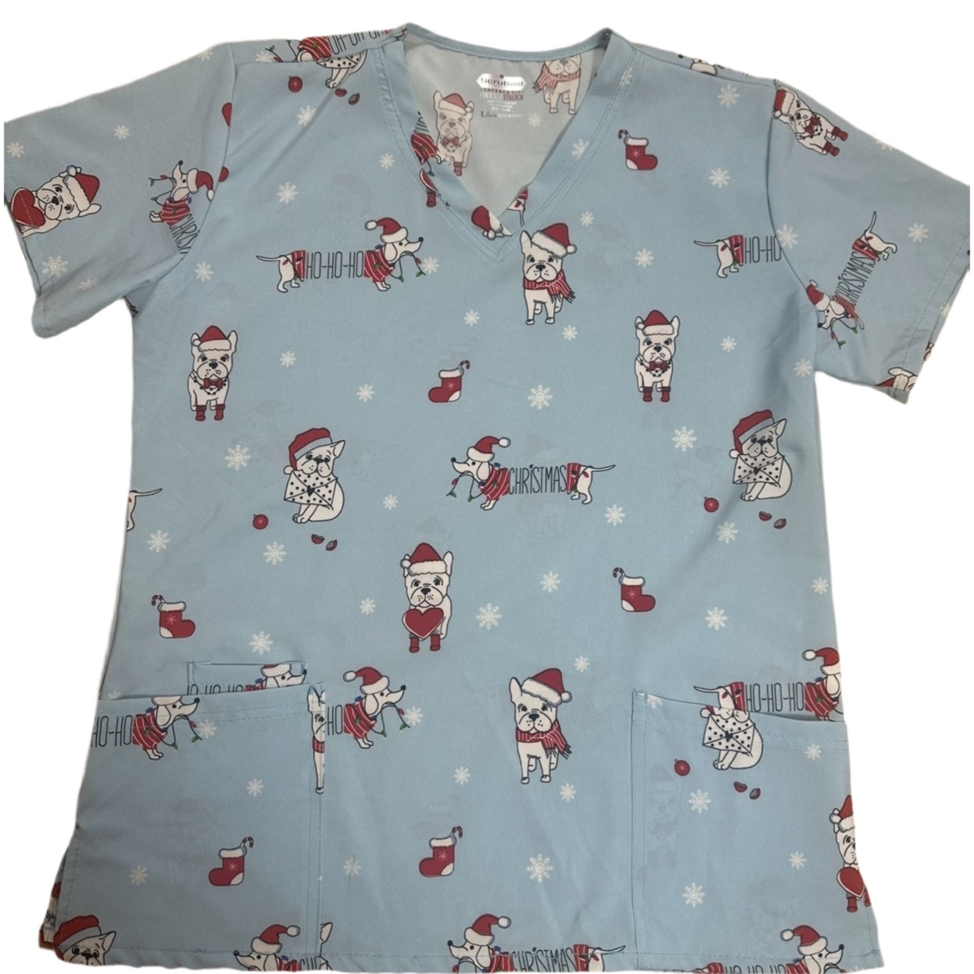 Other Scrubaid Women's Scrub Top Blue Shirt French Bulldog Xmas Size L / US 10 / IT 46 - 2 Thumbnail