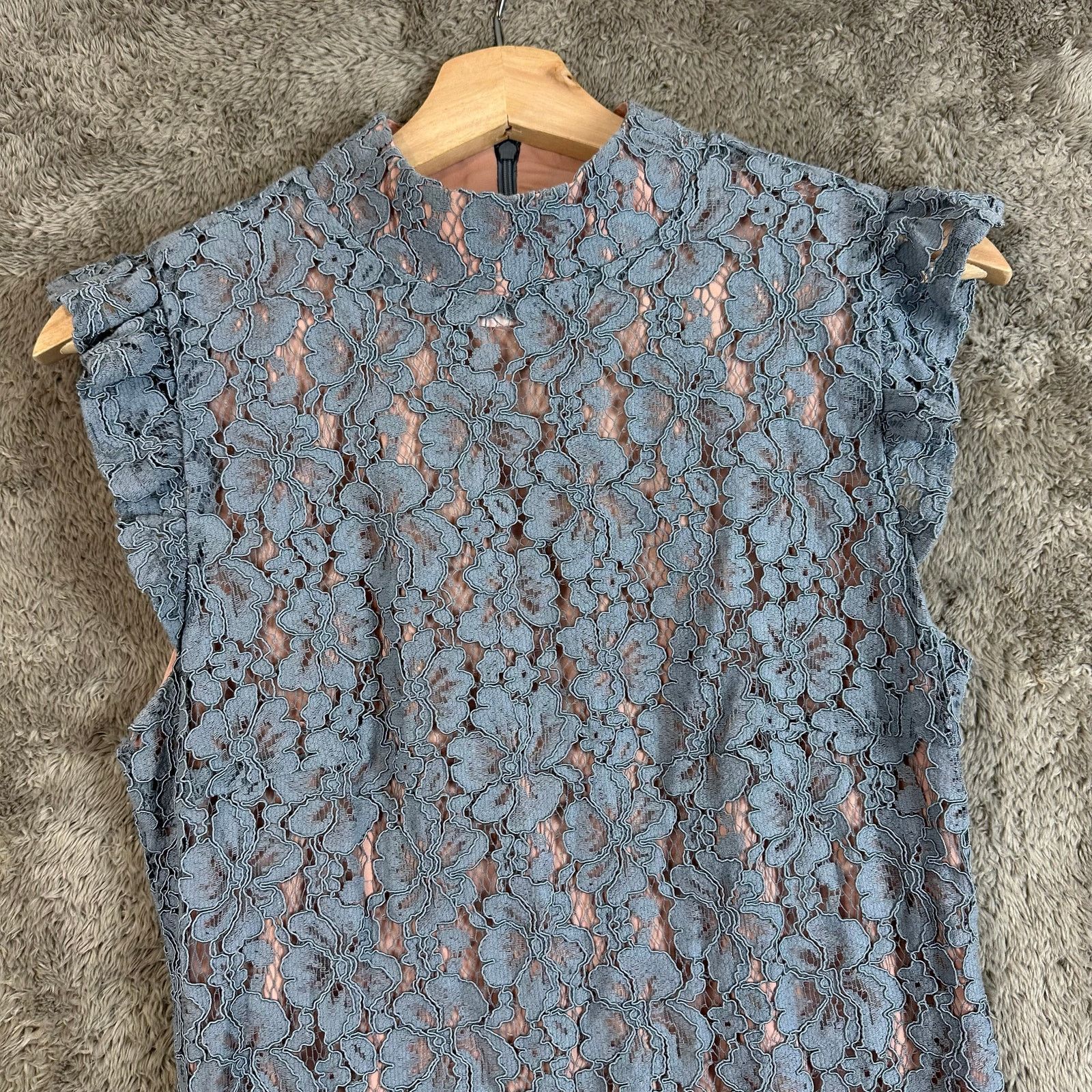 Elie Tahari Tahari Blue Lace Sheath Dress 6 S Small Ruffle Cap Sleeve Size M / US 6-8 / IT 42-44 - 4 Thumbnail