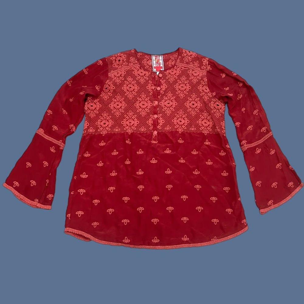 Johnny Was Johnny Was Blouse Womens S Red Floral Cotton Ruffle Sleeve Size S / US 4 / IT 40 - 1 Thumbnail