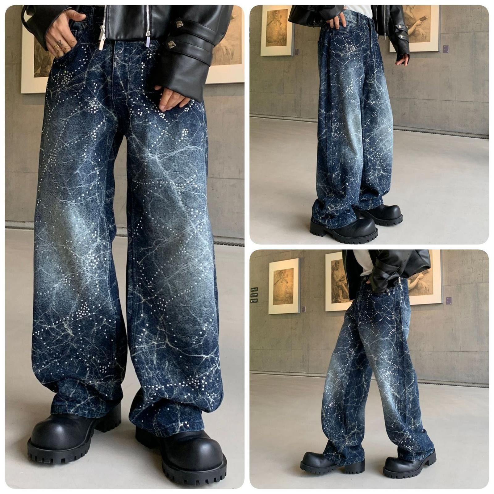 Vintage Blue Wide Leg Denim Jeans with Abstract Print Size US 30 / EU 46 - 5 Thumbnail