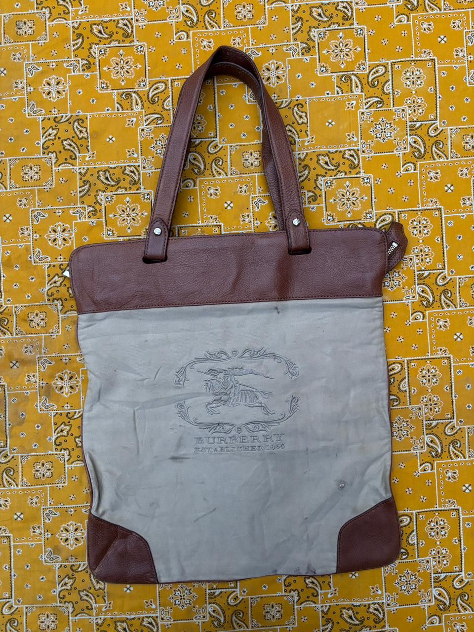 Vintage BURBERRY Embroidered Tote Bag Leather mix Canvas