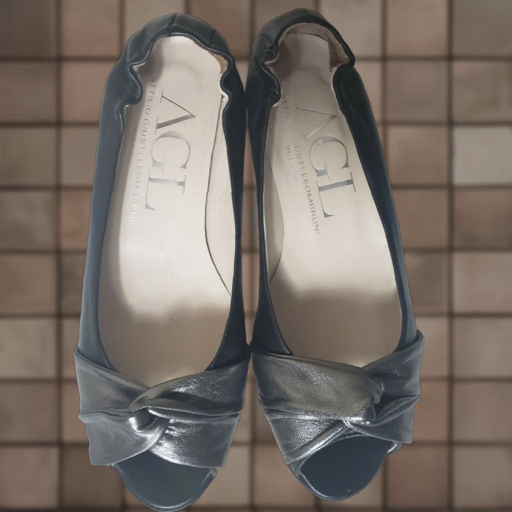 AGL AGL Peep Toe Leather Twist Front Ballet Flats-Size 35/6.5 Women Ballet Flat Black/Pewter Slip On Cushioned Metallic 1 1/2" Heel Size US 7 / IT 37 - 1 Thumbnail