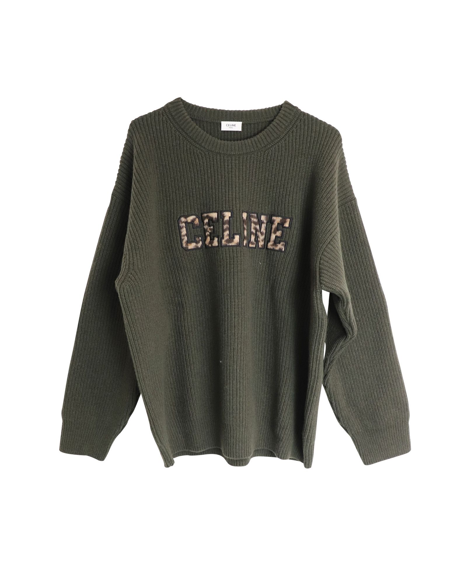 Celine Celine Oversized Leopard Logo Crewneck Sweater In Green Wool Size US M / EU 48-50 / 2 - 1 Thumbnail