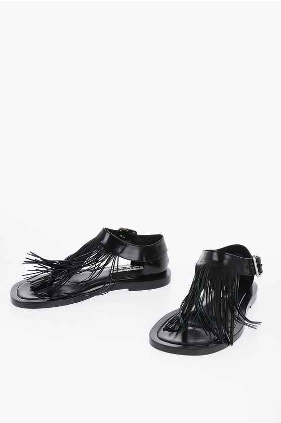 image of Jil Sander Fringed Leather Sandals With Buckle in Black, Women's (Size 8)