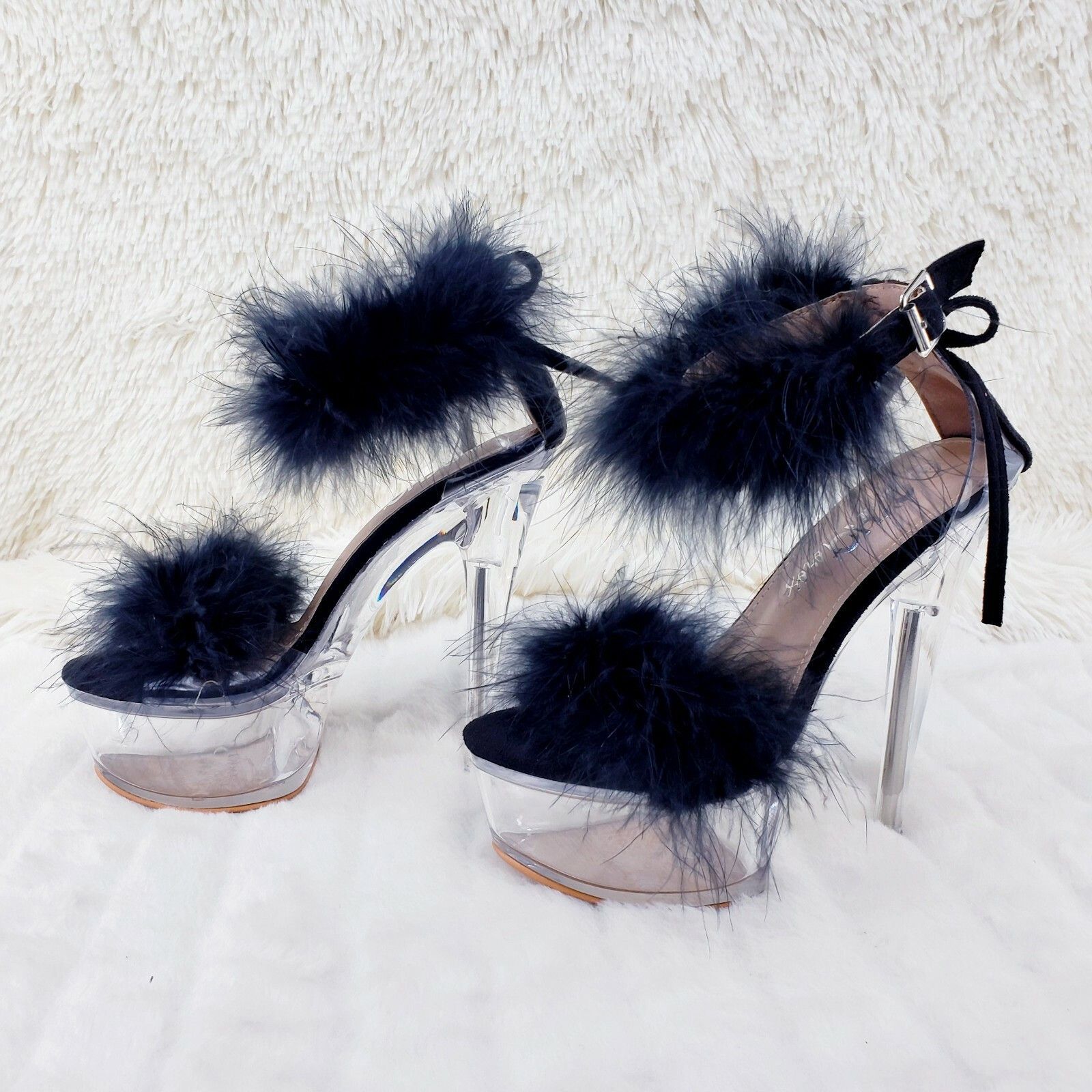 Other Black Marabou Feather Platform Shoes Sandals 6" High Heel Sa Size US 9 / IT 39 - 6 Thumbnail