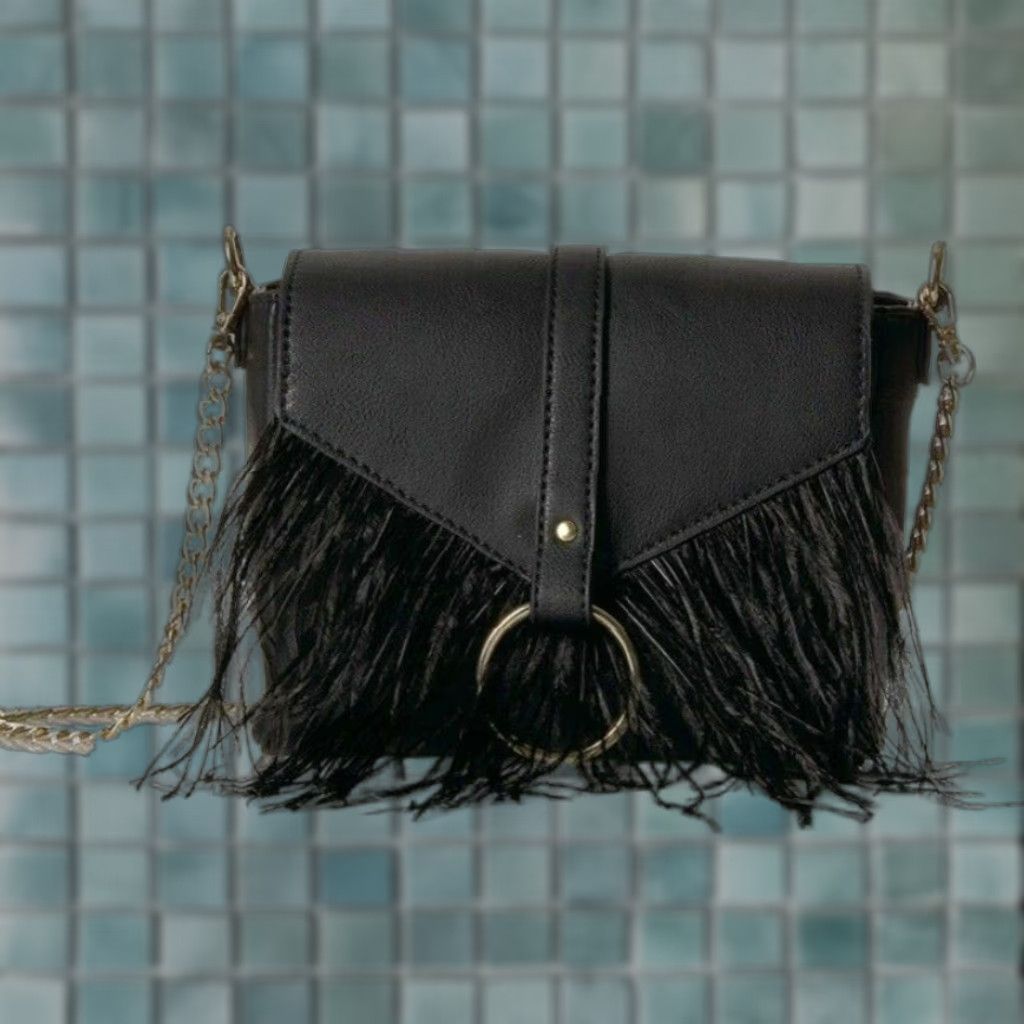 Vintage VINTAGE The Fix Courtney O Ring Feather Cross-Body Bag Chain Strap Black Cocktail NWT9 Size ONE SIZE - 1 Thumbnail
