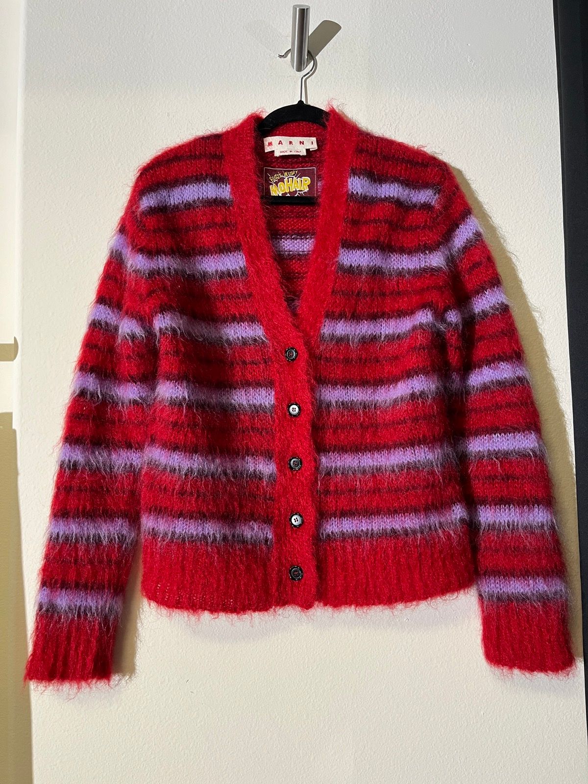 Pre-owned Marni Fuzzy Wuzzy Mohair Striped Cardigan In Red