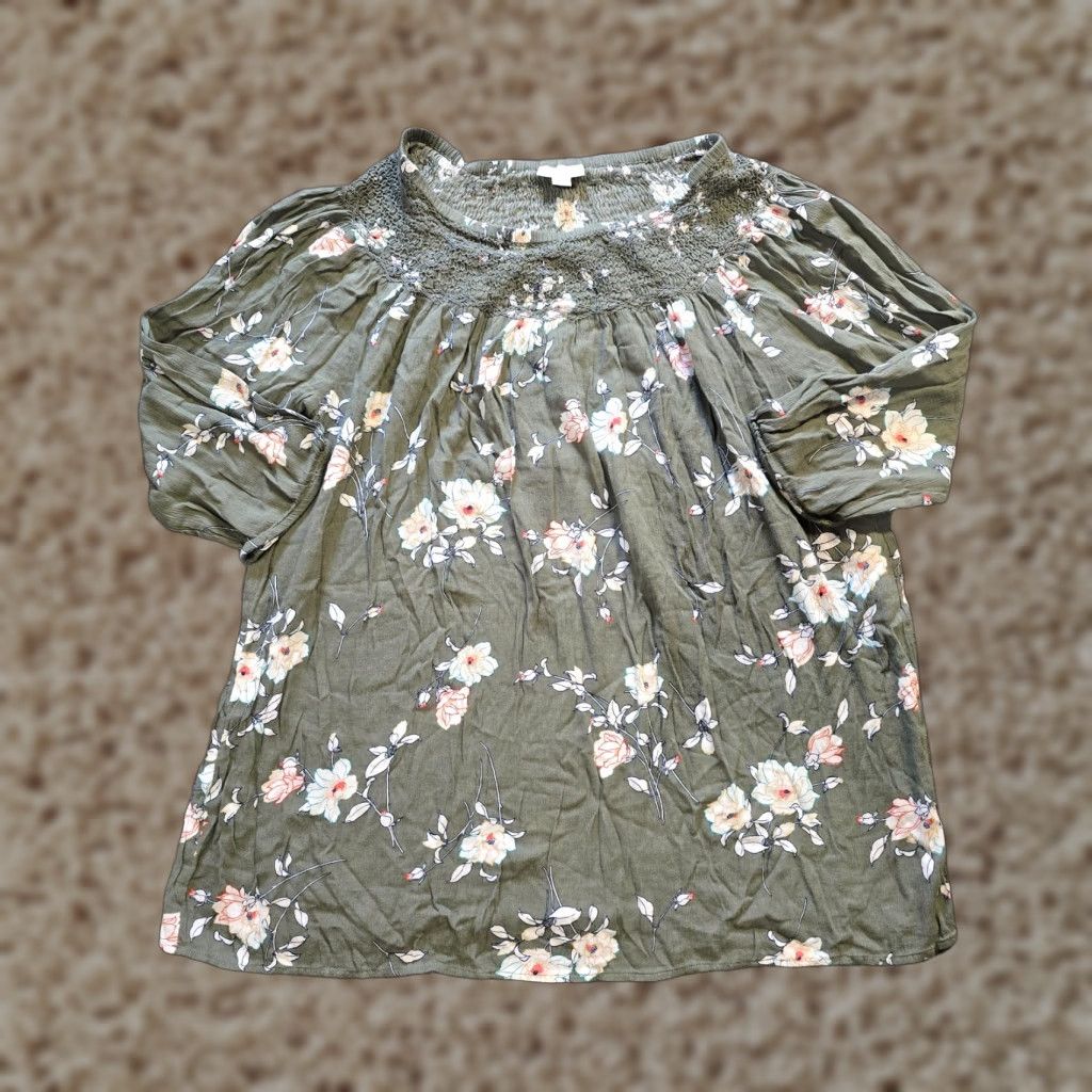 J. Jill J Jill Top Womens L Green Floral Smocked Long Sleeve Career Shirt Size L / US 10 / IT 46 - 1 Thumbnail