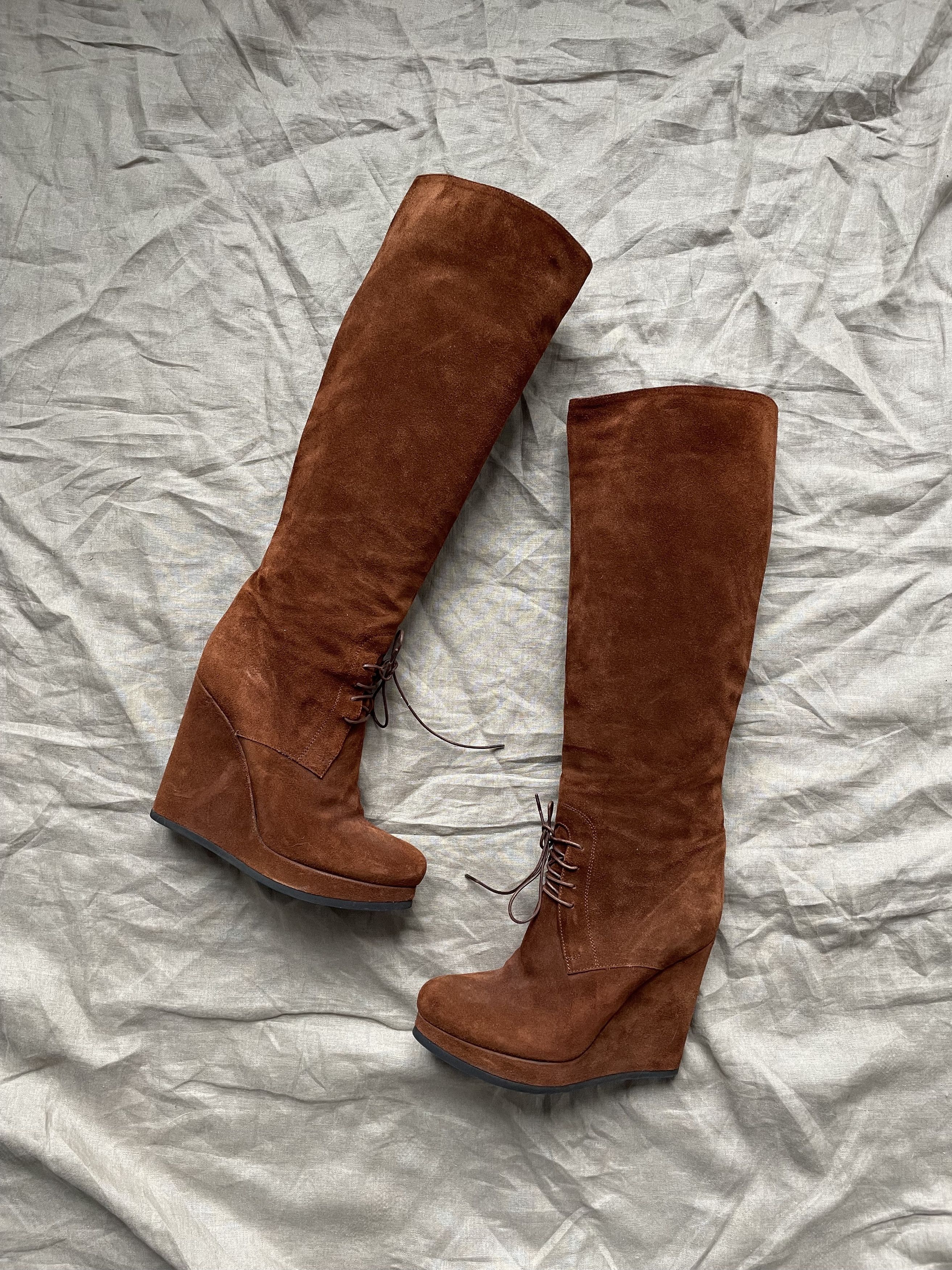 Jil Sander Wedges Suede Knee High Lace Up Ankle Boots 6120AC