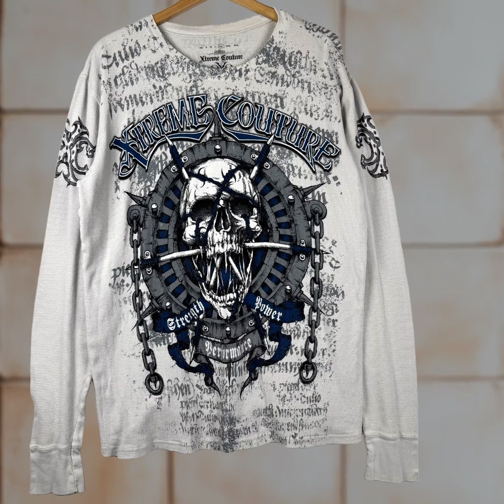 Vintage VINTAGE Y2K Xtreme Couture Skull Thermal Knit Long Sleeve T-Shirt XL Men White Size US XL / EU 56 / 4 - 1 Thumbnail