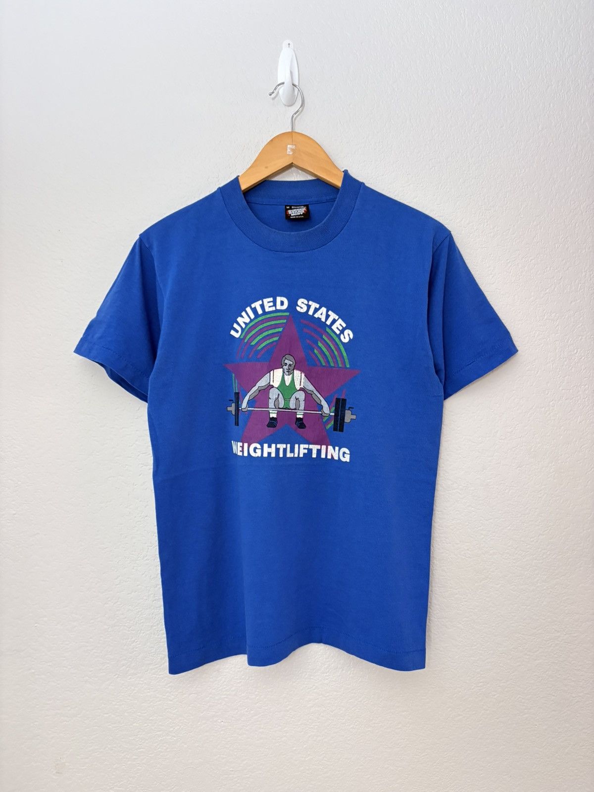 Vintage 80’s US Weightlifting Vintage Faded Blue Screen Stars Tee Size US M / EU 48-50 / 2 - 1 Thumbnail