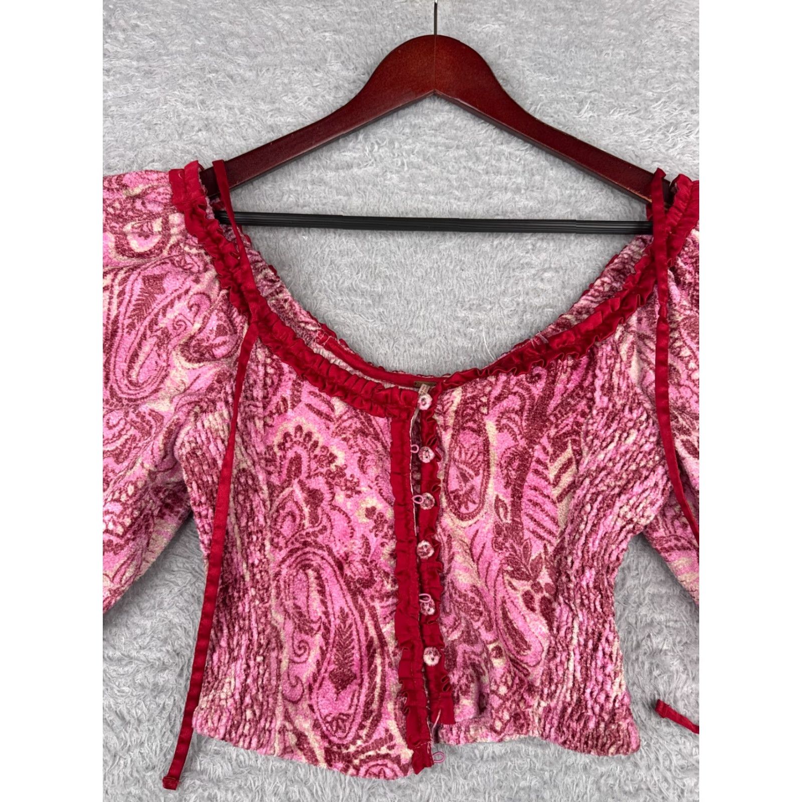 Free People Free People Blouse Shirt Womens S Pink Velvet Cropped Balloon Sleeve Square Neck Paisley 70s Bohemian College Fairy Hippie Peasant Collarless Ladies Size S / US 4 / IT 40 - 4 Thumbnail
