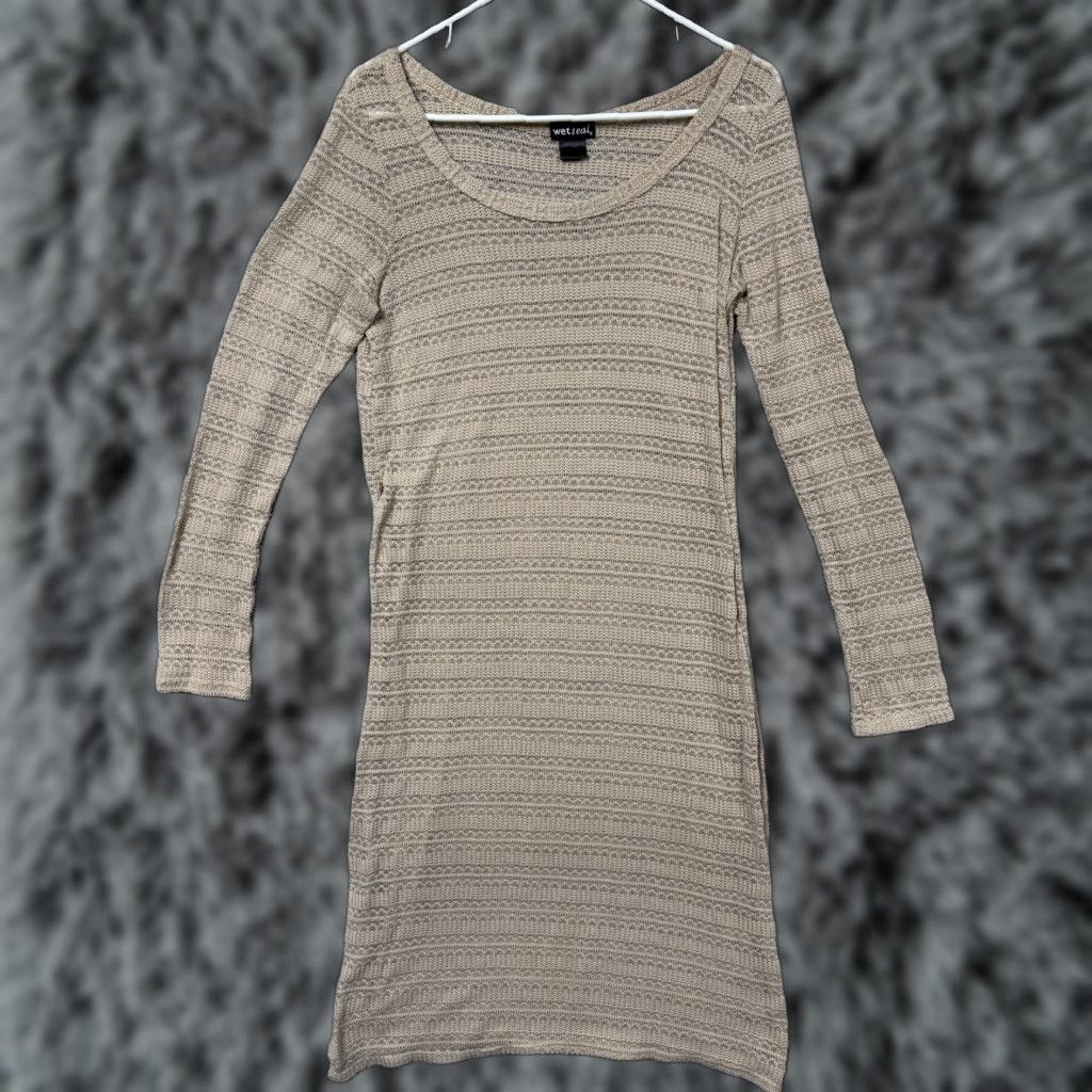 Vintage VINTAGE Wet-seal Dress Knit Sleeve Long L Beige 90s Grunge Indie Sleaze Side Slit Knee Length Bodycon Sweater Open Knit Casual Womens Size L / US 10 / IT 46 - 1 Thumbnail